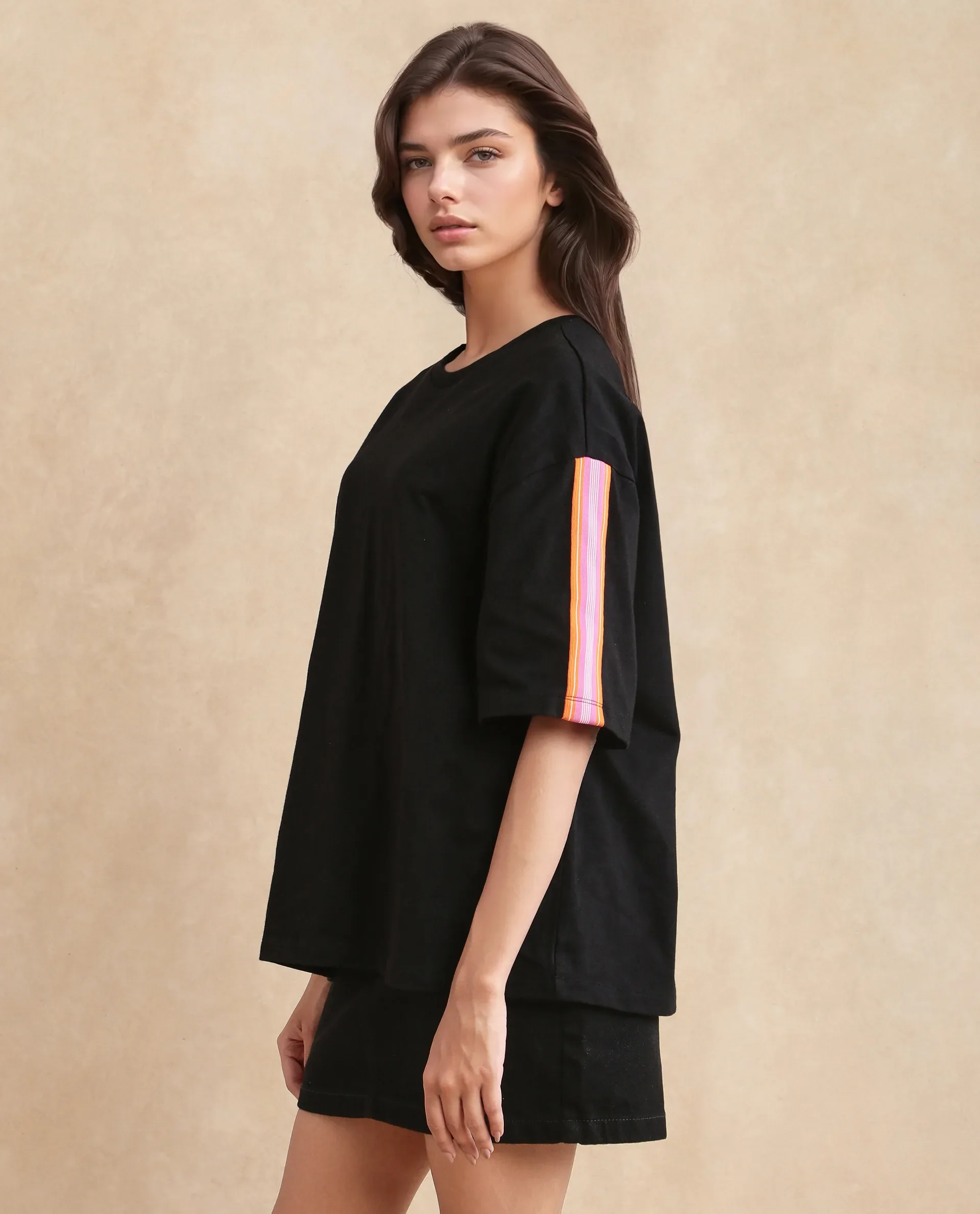 Rareism Women's Nonwen T Black Polyester Blend Crew Neck Striped Oversized T-Shirt Oversize - Image 9
