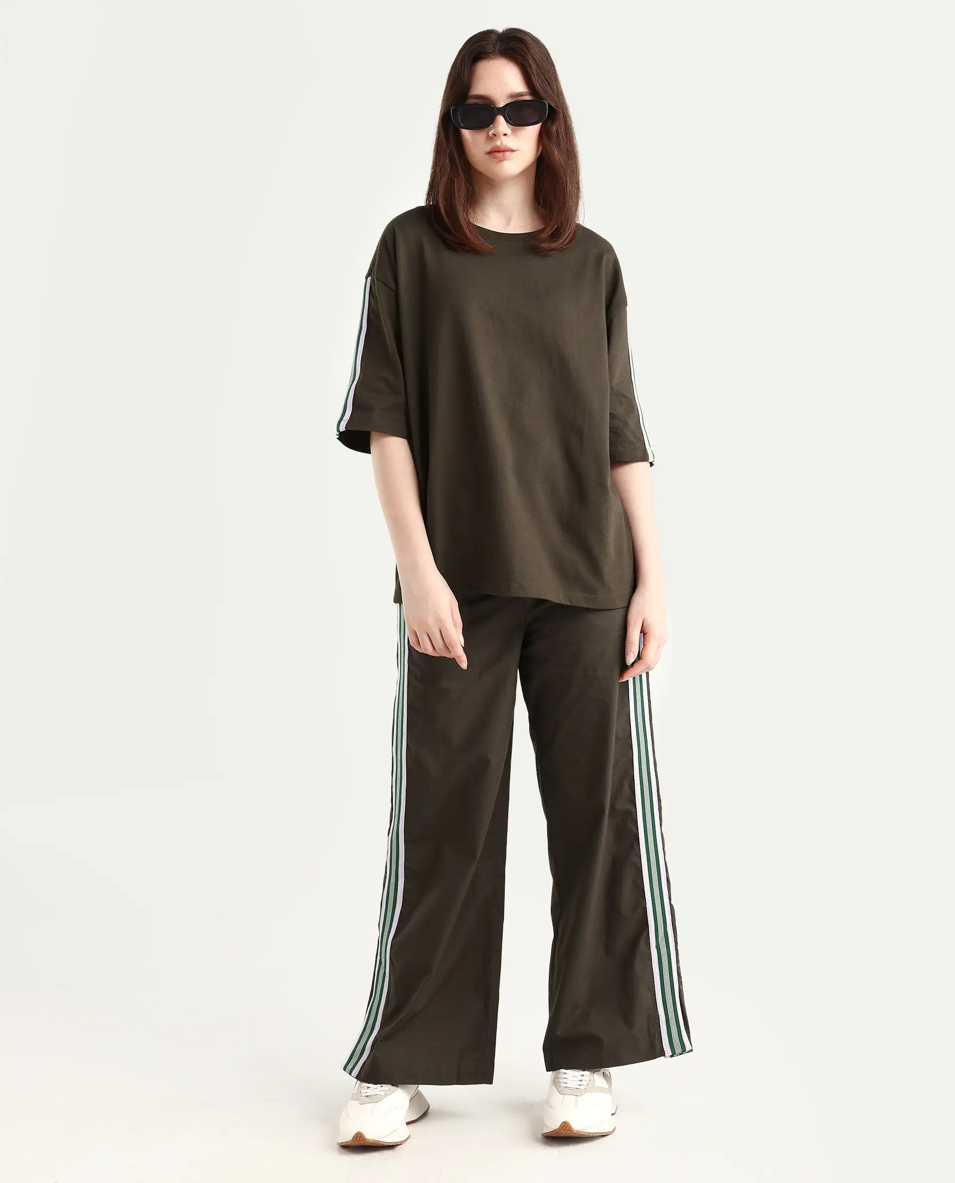Rareism Women's Nonwen T Brown Polyester Blend Crew Neck Striped Oversized T-Shirt - Image 2
