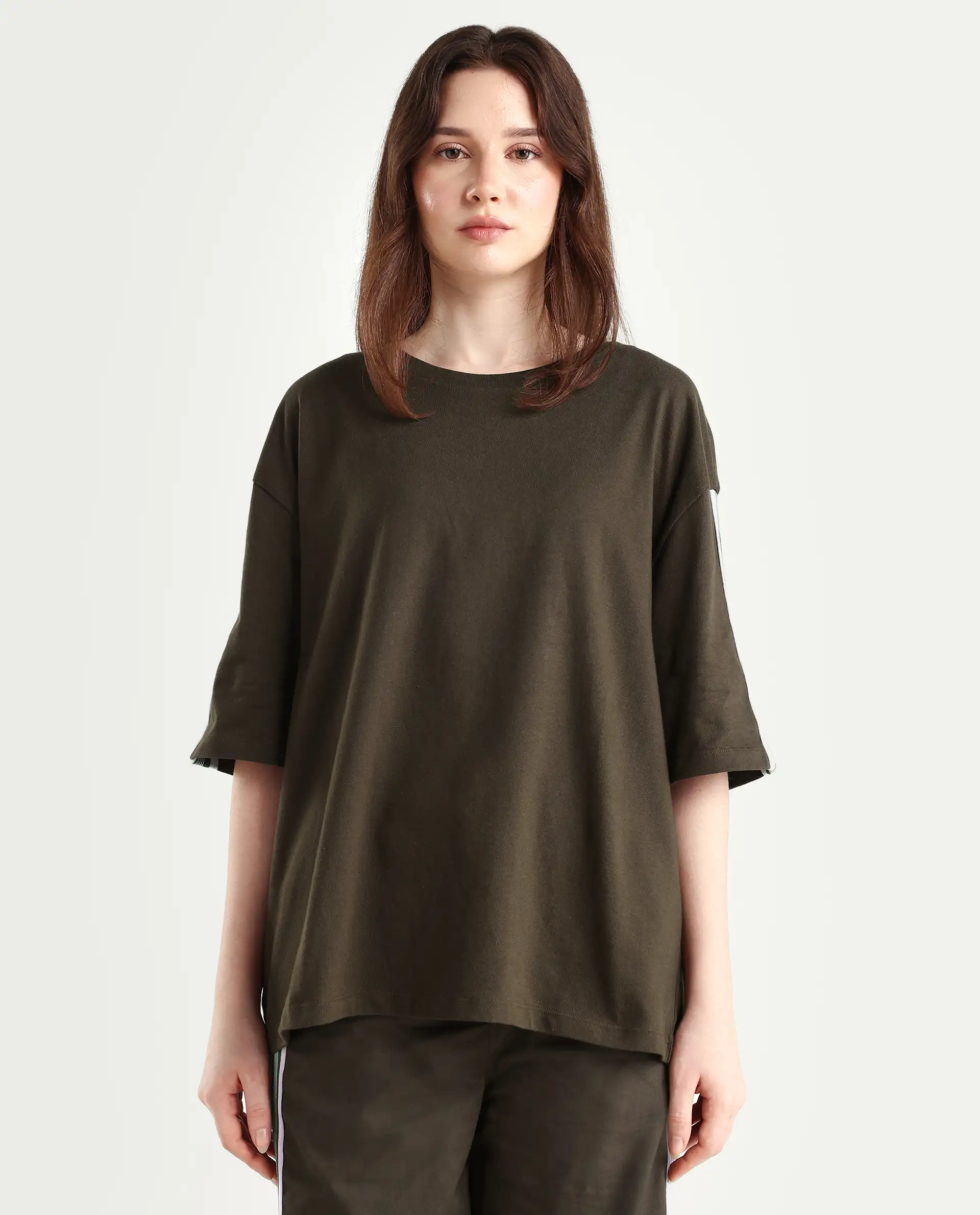 Rareism Women's Nonwen T Brown Polyester Blend Crew Neck Striped Oversized T-Shirt - Image 3