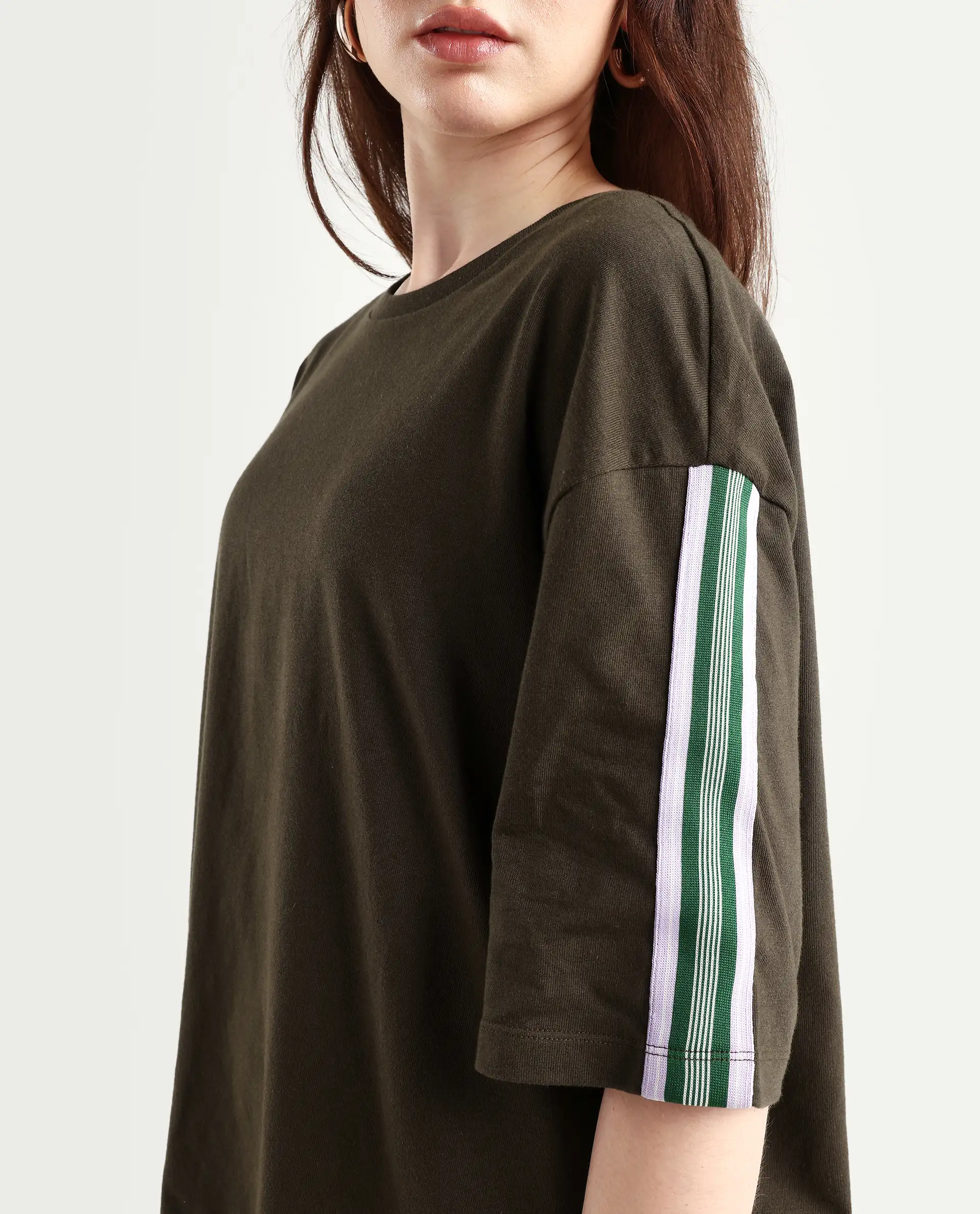 Rareism Women's Nonwen T Brown Polyester Blend Crew Neck Striped Oversized T-Shirt - Image 4