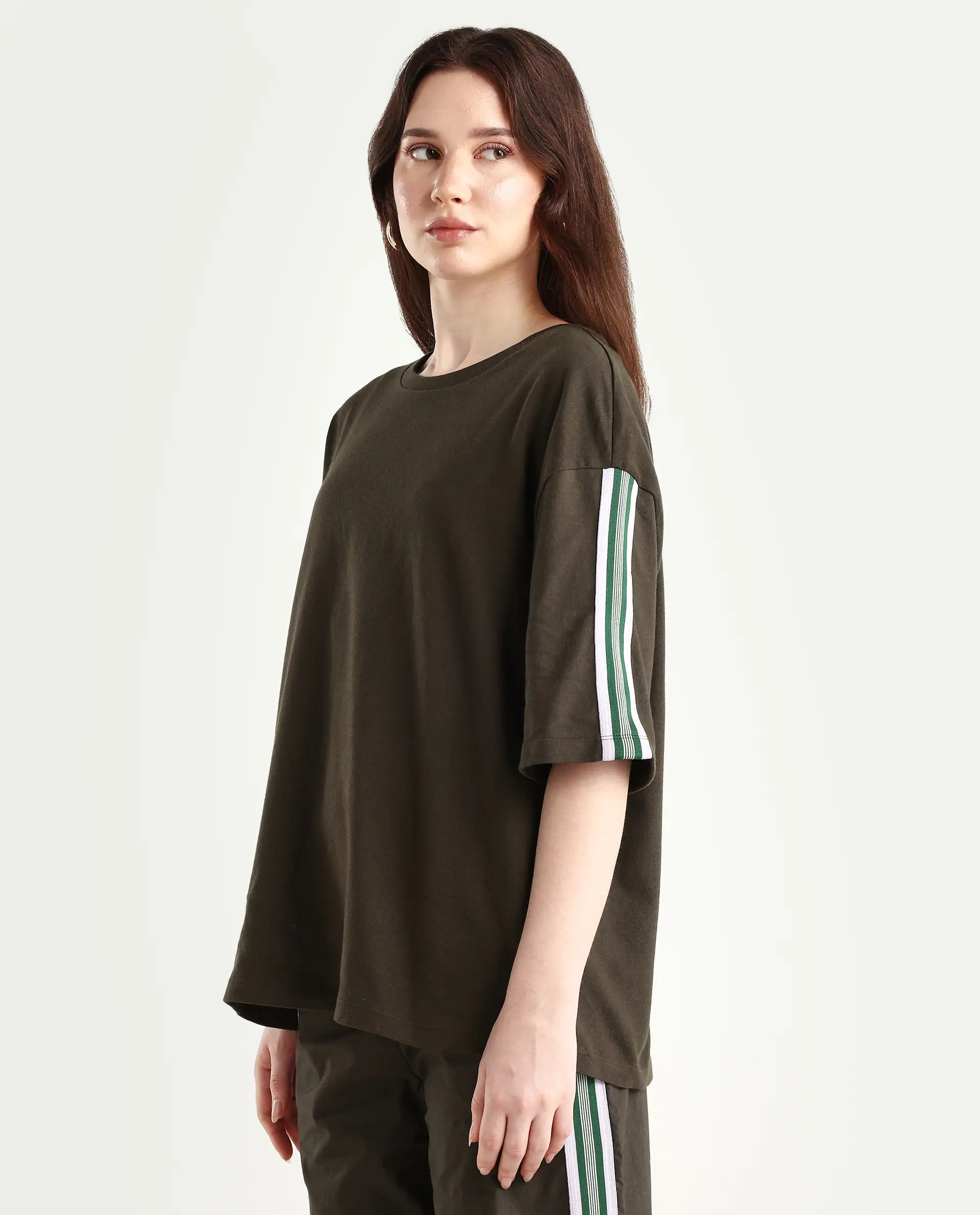 Rareism Women's Nonwen T Brown Polyester Blend Crew Neck Striped Oversized T-Shirt - Image 5