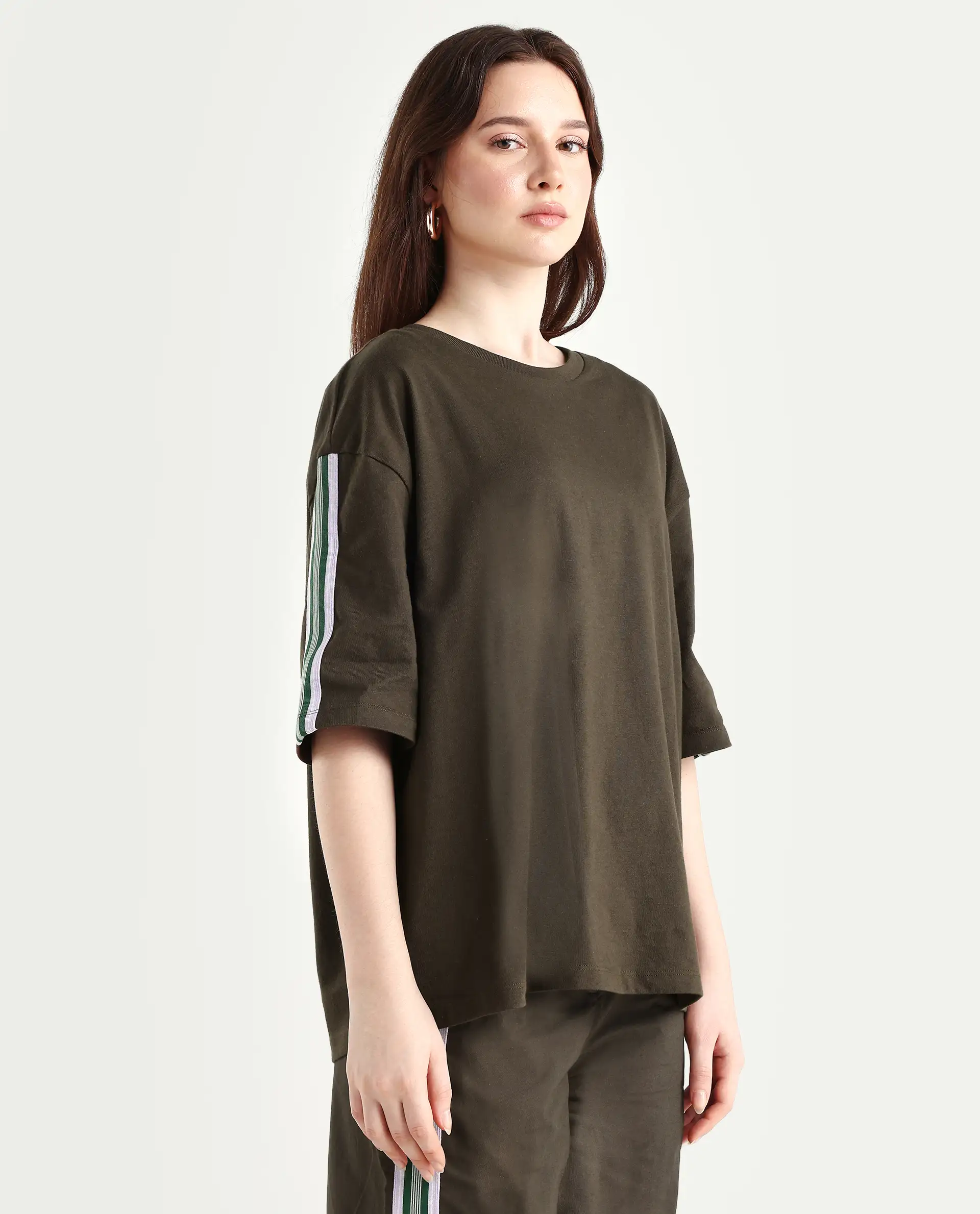 Rareism Women's Nonwen T Brown Polyester Blend Crew Neck Striped Oversized T-Shirt - Image 6