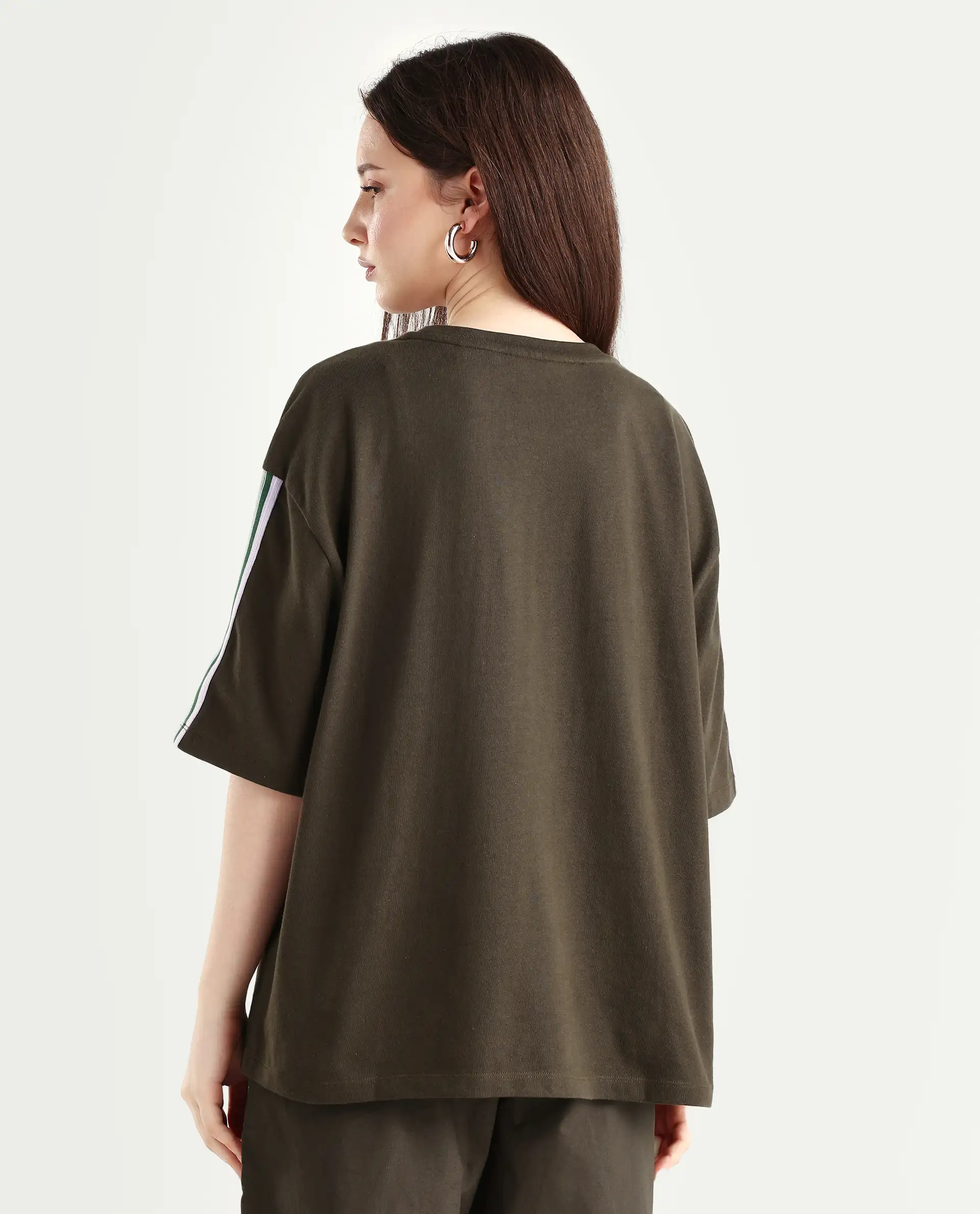 Rareism Women's Nonwen T Brown Polyester Blend Crew Neck Striped Oversized T-Shirt - Image 7