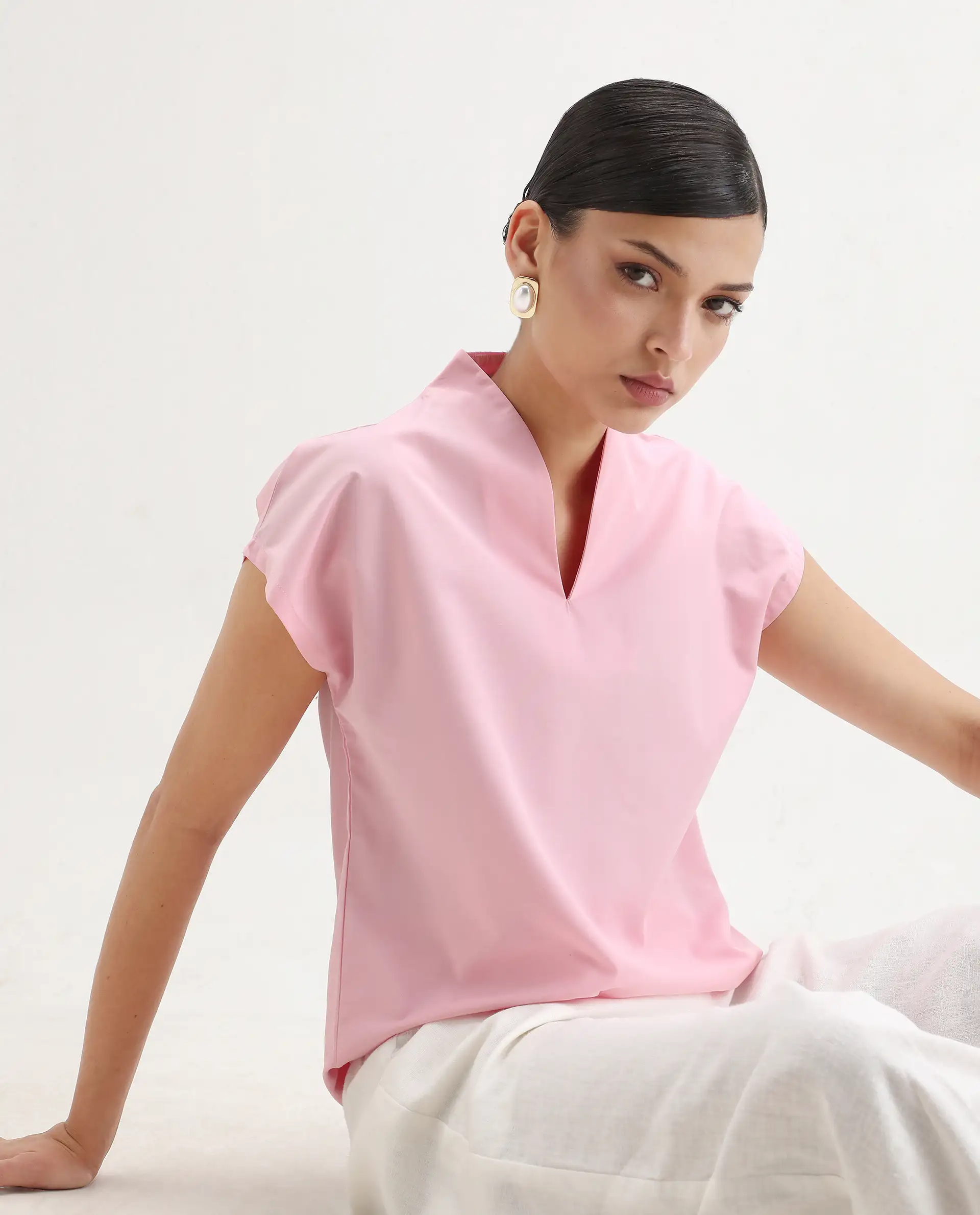 Rareism Women's Nopplo Pink Polyester Blend V-Neck Plain Extended Sleeves Regular Fit Top - Image 2