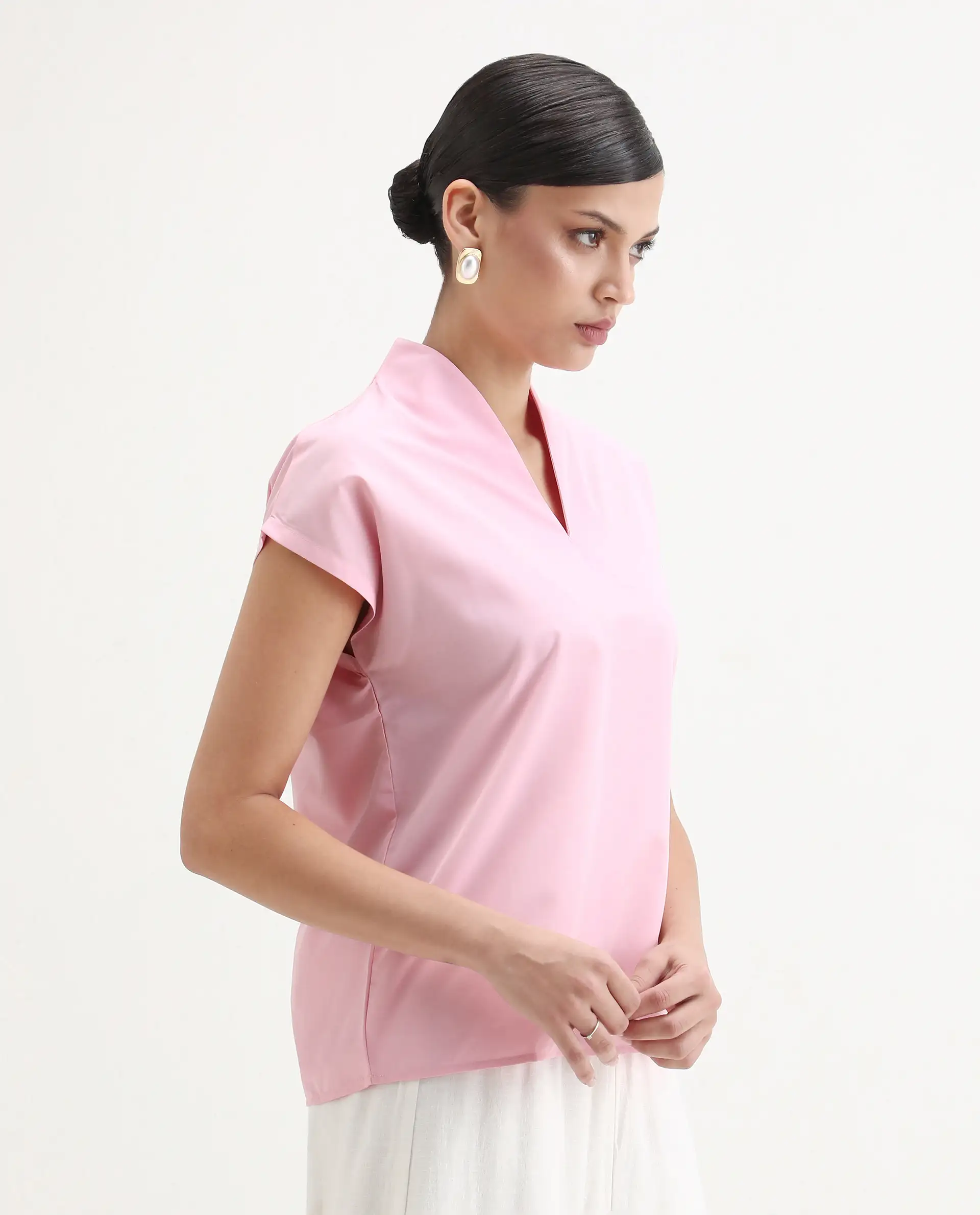 Rareism Women's Nopplo Pink Polyester Blend V-Neck Plain Extended Sleeves Regular Fit Top - Image 4