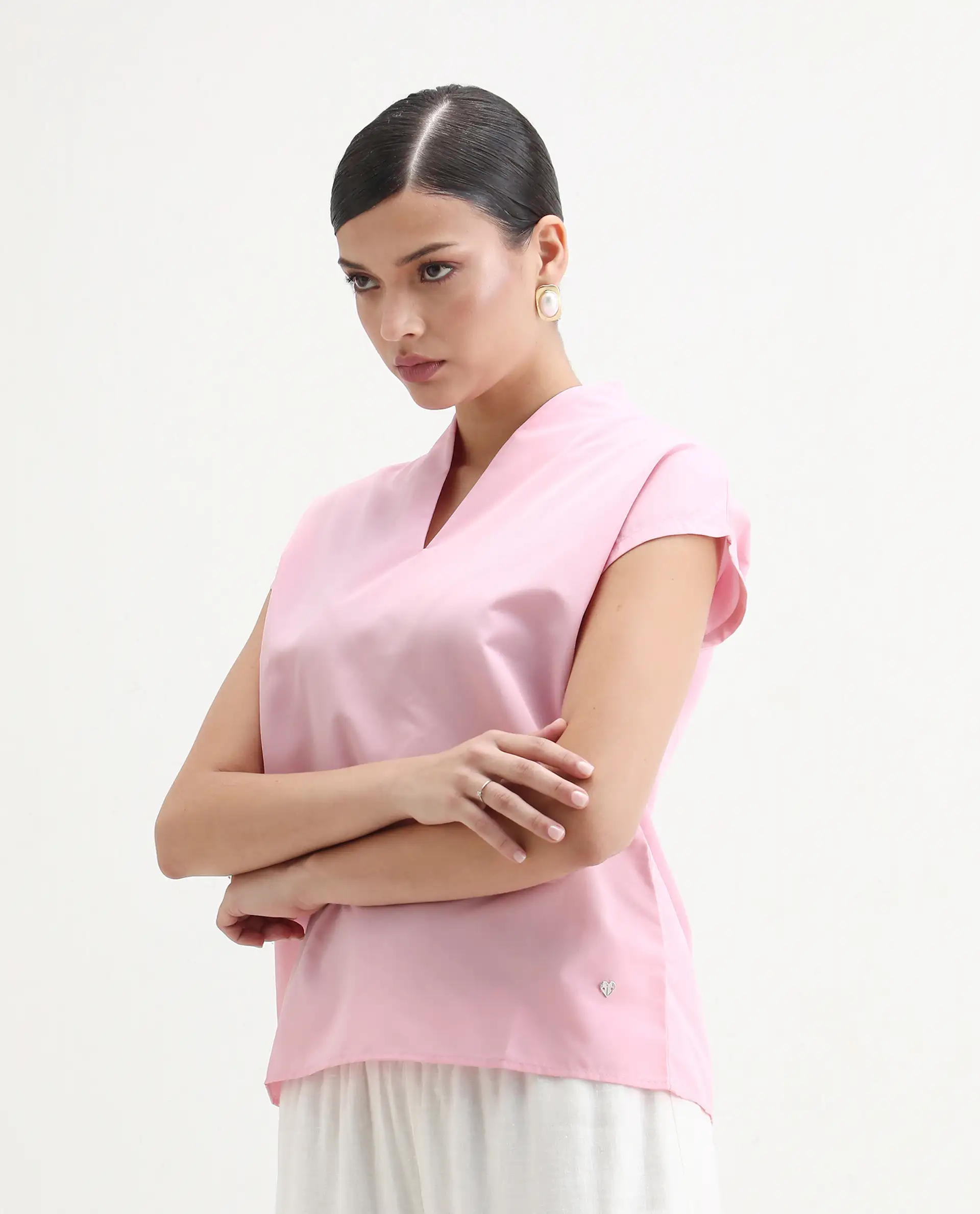 Rareism Women's Nopplo Pink Polyester Blend V-Neck Plain Extended Sleeves Regular Fit Top - Image 5