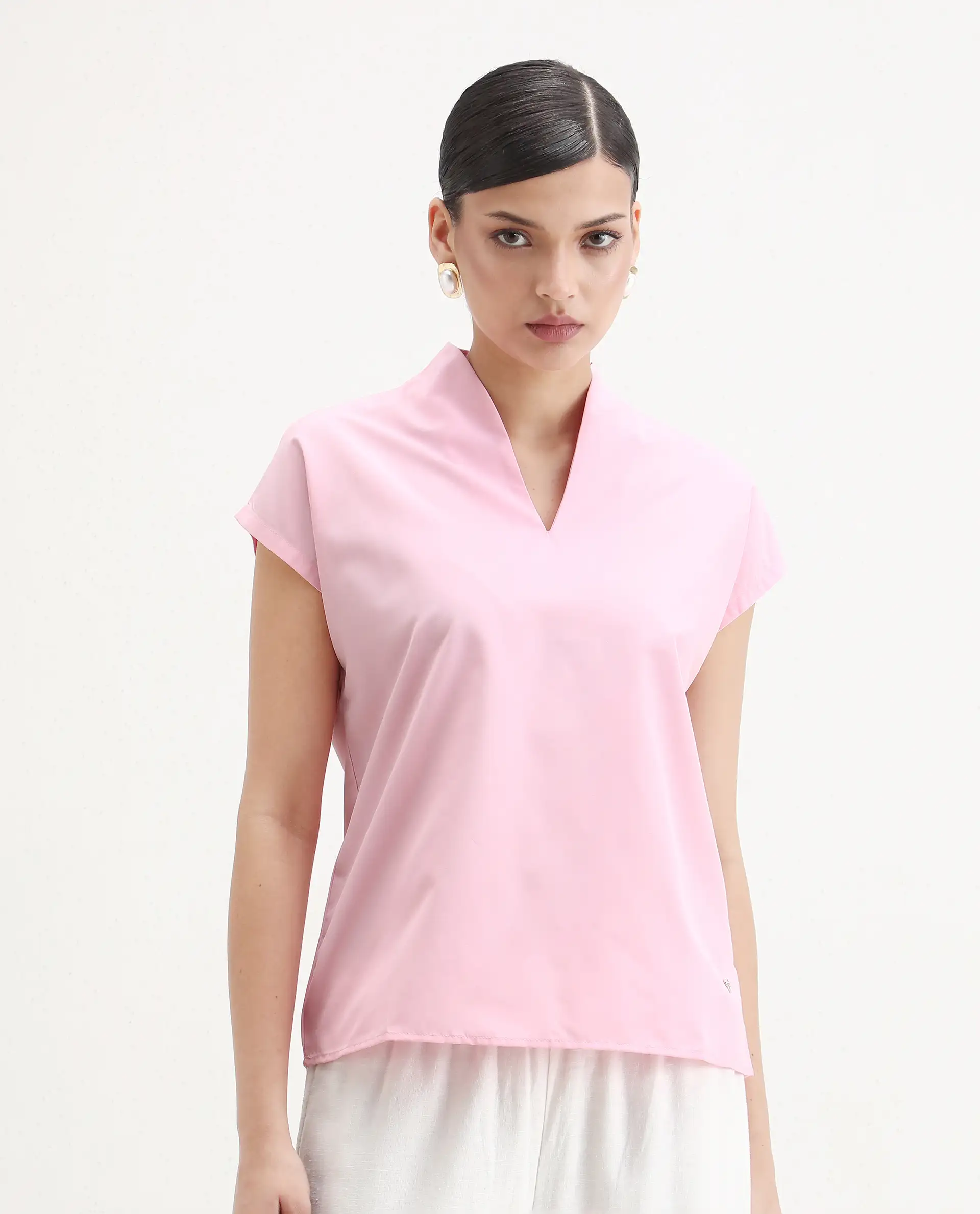 Rareism Women's Nopplo Pink Polyester Blend V-Neck Plain Extended Sleeves Regular Fit Top - Image 6