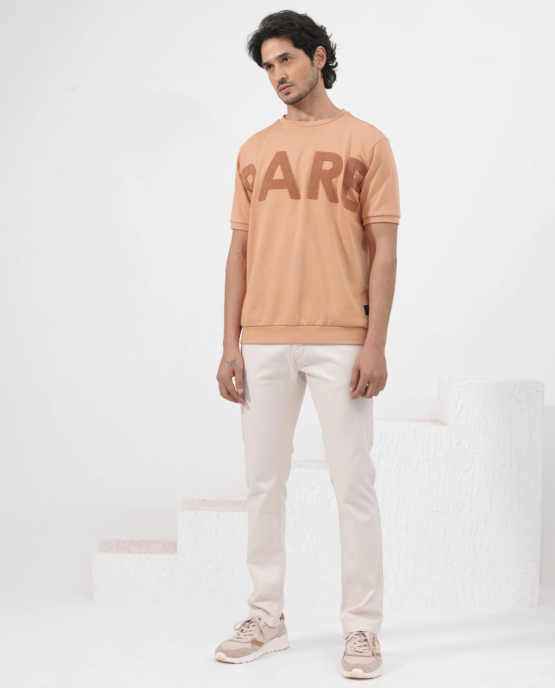 Rare Rabbit Men's Nor-2 Dusky Orange Cotton Blend Embroidered Oversized Fit Half Sleeve Crew Neck T-Shirt - Image 2
