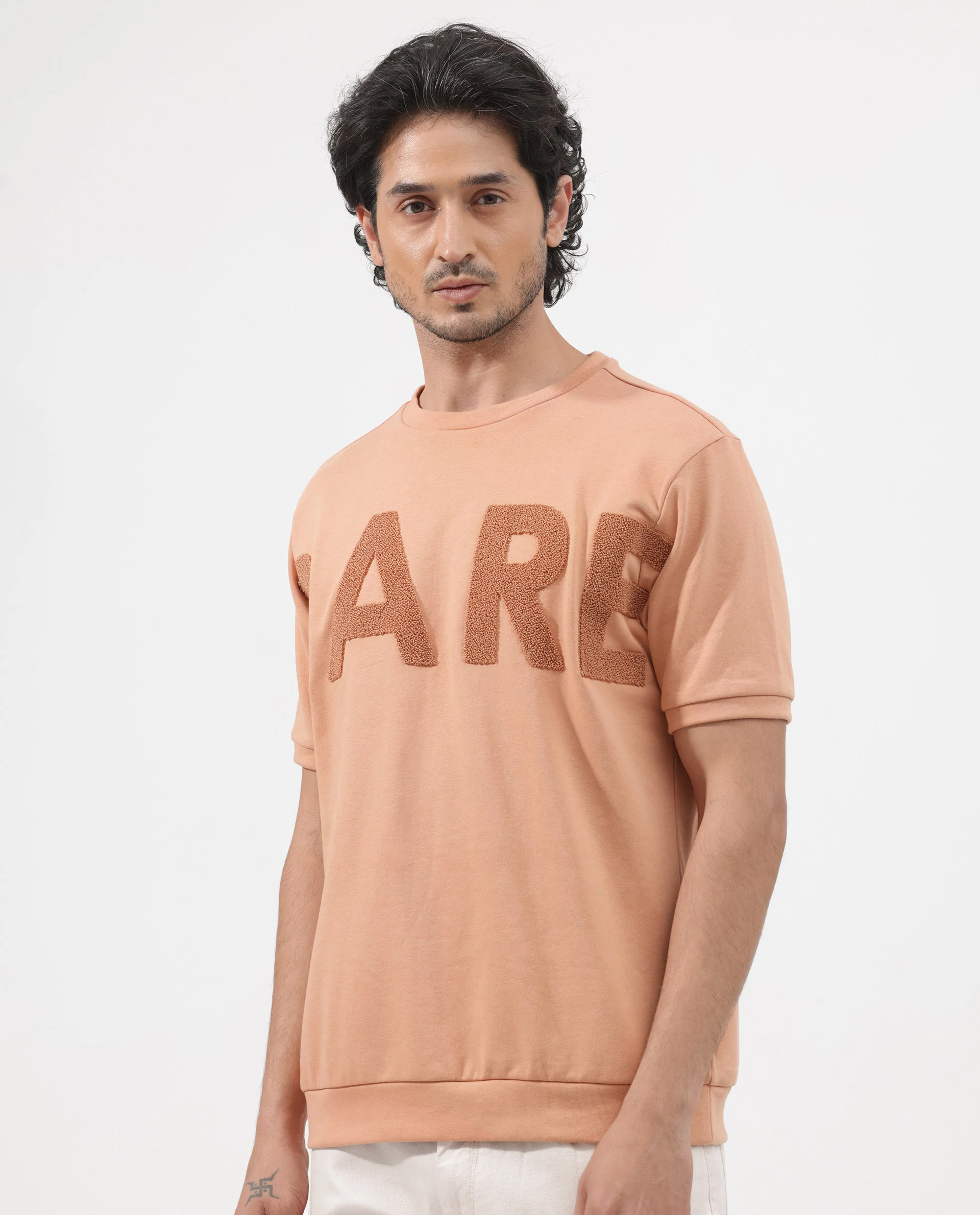 Rare Rabbit Men's Nor-2 Dusky Orange Cotton Blend Embroidered Oversized Fit Half Sleeve Crew Neck T-Shirt - Image 3