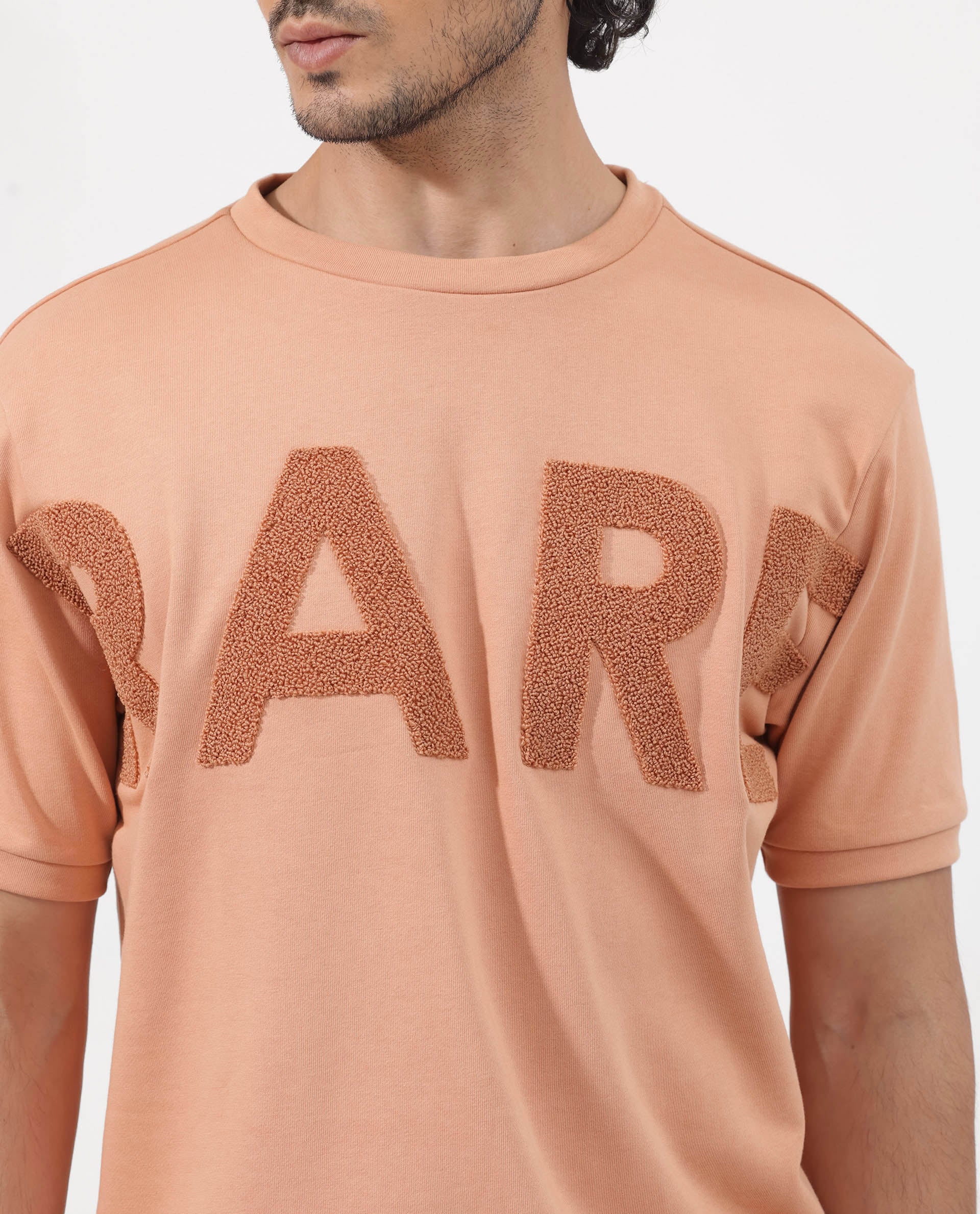 Rare Rabbit Men's Nor-2 Dusky Orange Cotton Blend Embroidered Oversized Fit Half Sleeve Crew Neck T-Shirt - Image 4