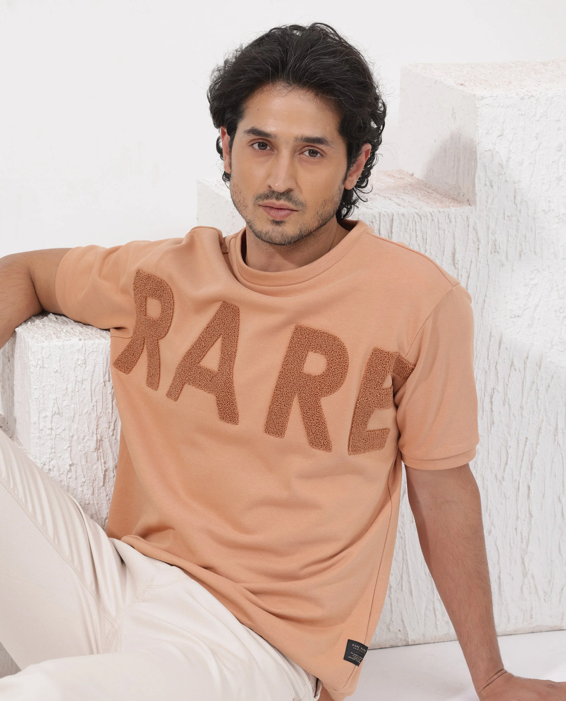 Rare Rabbit Men's Nor-2 Dusky Orange Cotton Blend Embroidered Oversized Fit Half Sleeve Crew Neck T-Shirt - Image 5