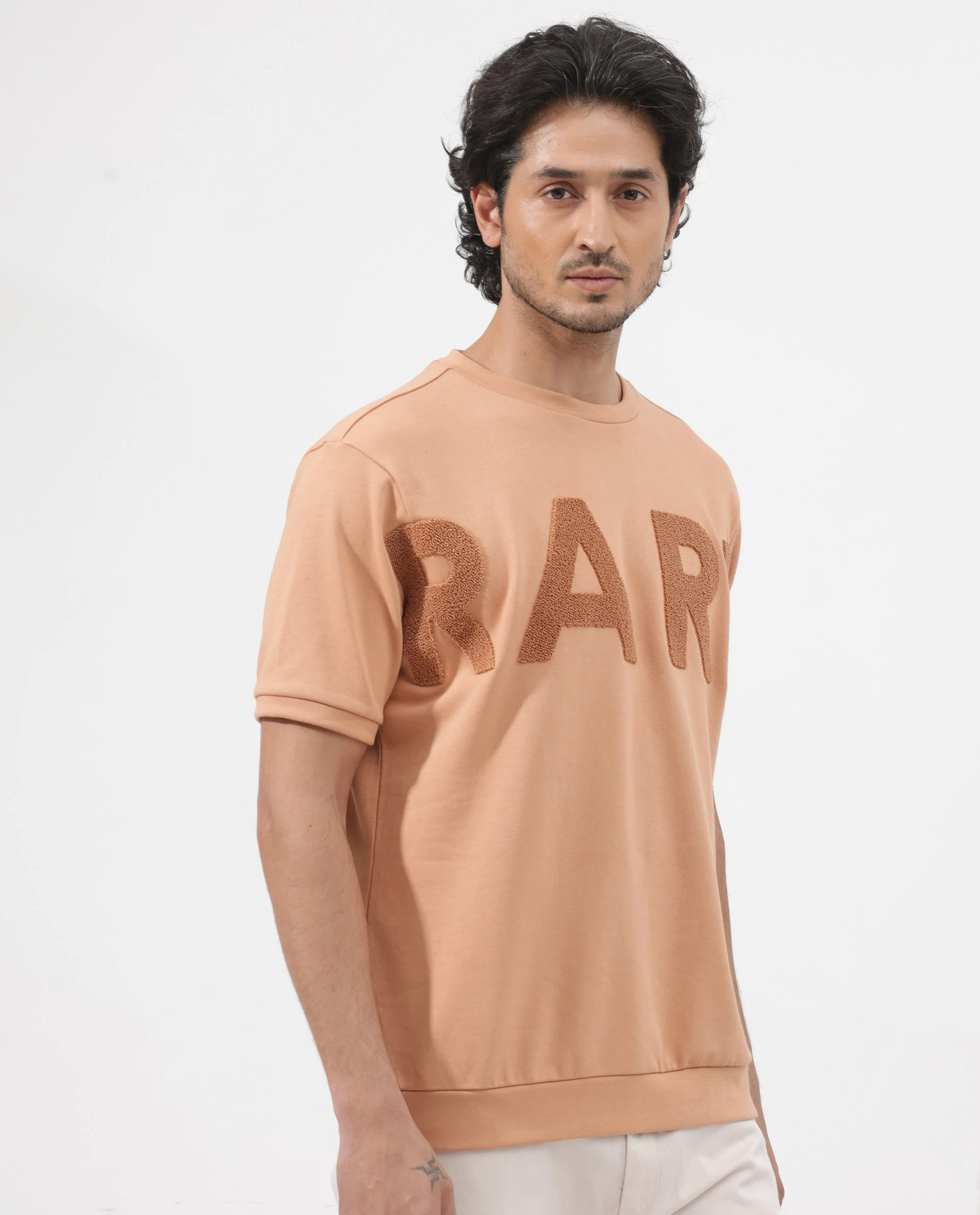 Rare Rabbit Men's Nor-2 Dusky Orange Cotton Blend Embroidered Oversized Fit Half Sleeve Crew Neck T-Shirt - Image 6
