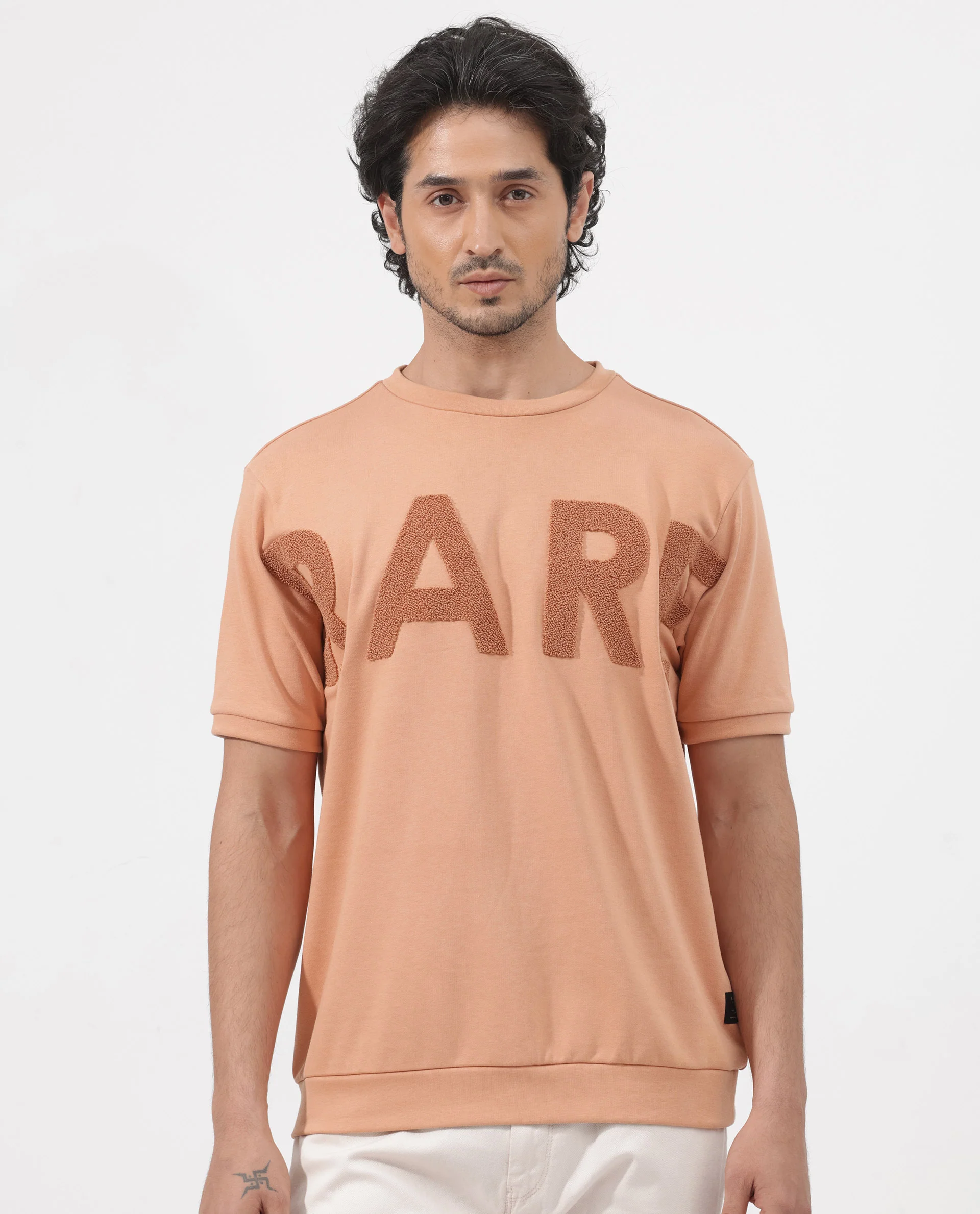 Rare Rabbit Men's Nor-2 Dusky Orange Cotton Blend Embroidered Oversized Fit Half Sleeve Crew Neck T-Shirt - Image 7
