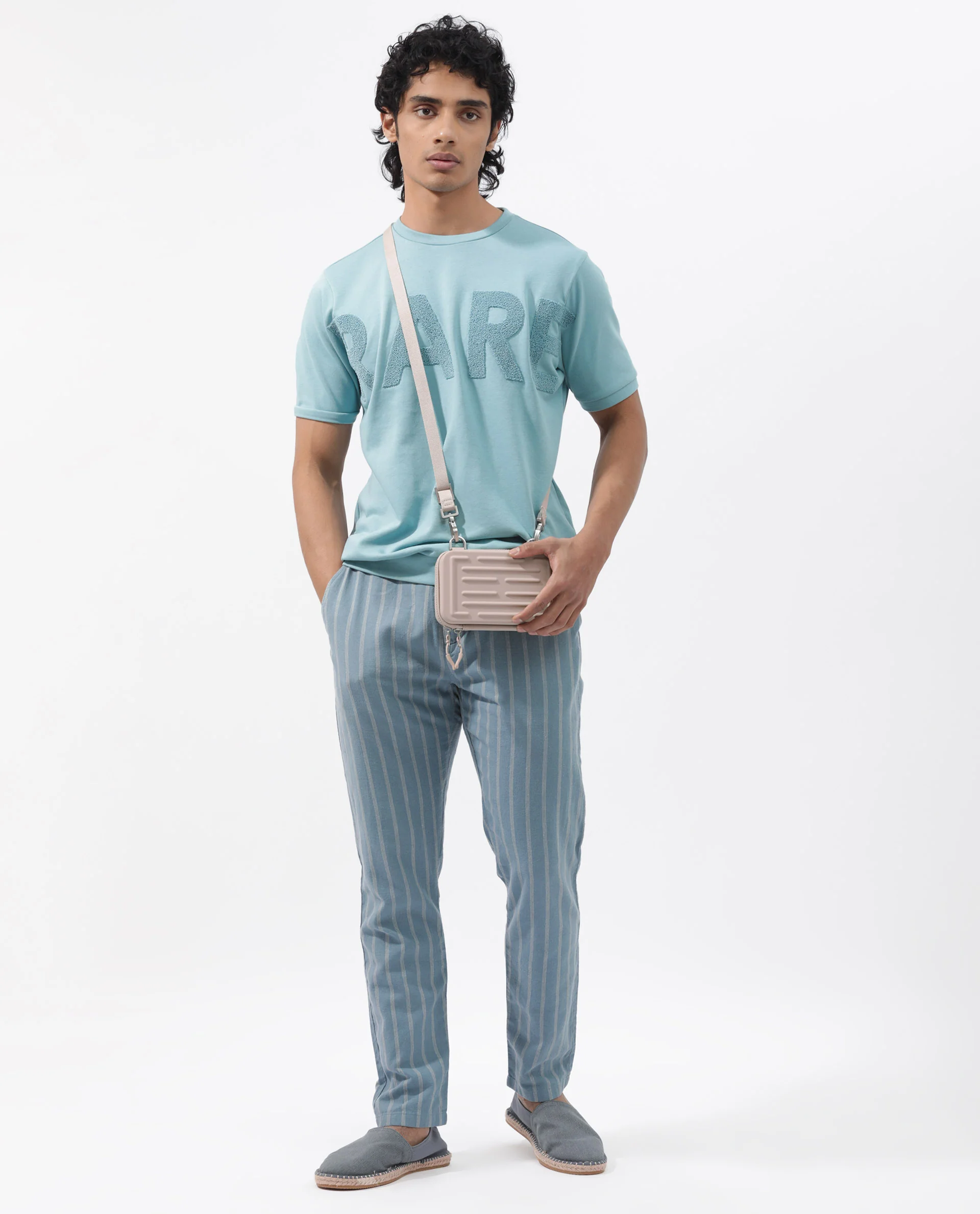 Rare Rabbit Men's Nor2 Dusky Turq Cotton Blend Embroidered Oversized Fit Half Sleeve Crew Neck T-Shirt - Image 2