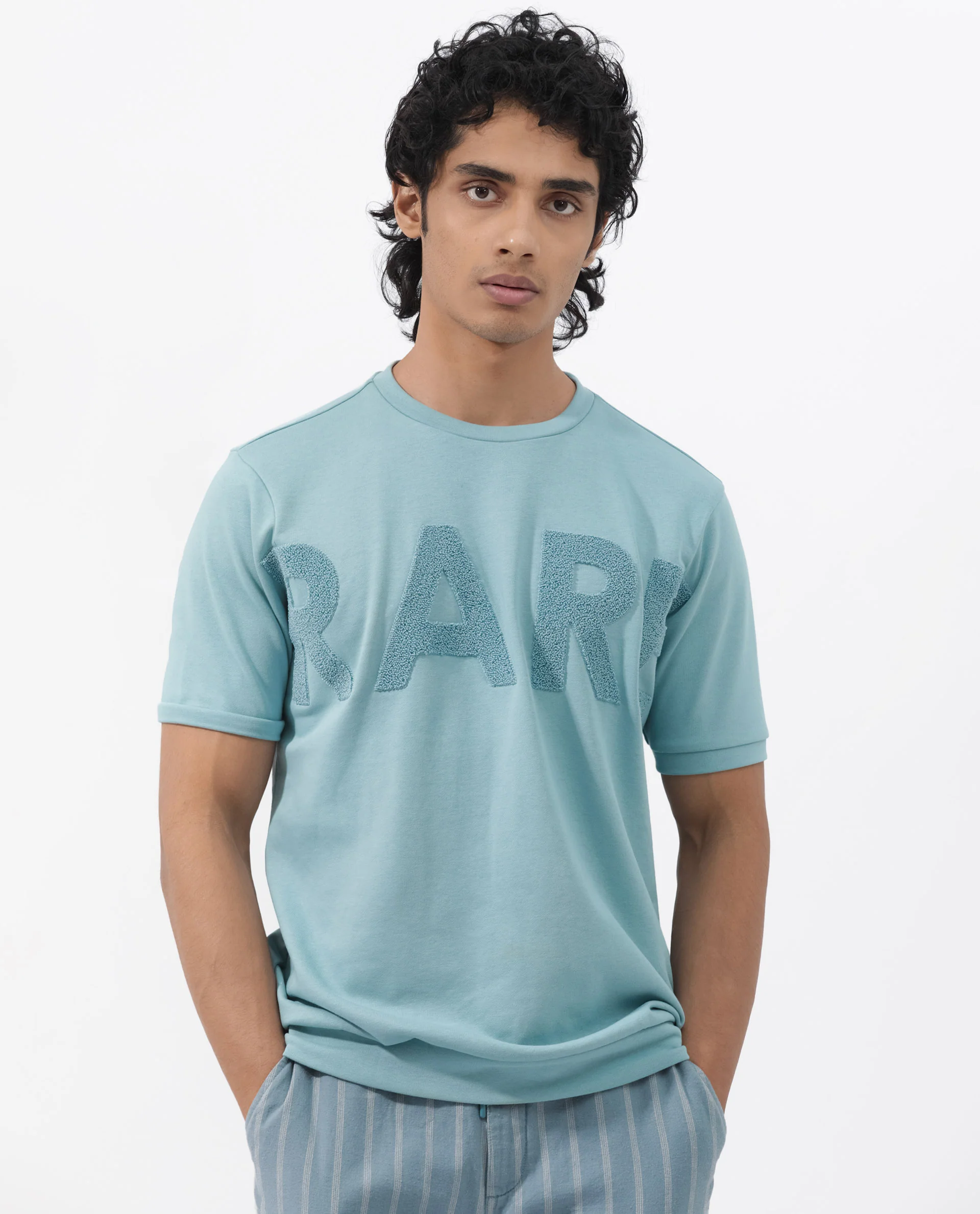 Rare Rabbit Men's Nor2 Dusky Turq Cotton Blend Embroidered Oversized Fit Half Sleeve Crew Neck T-Shirt - Image 3