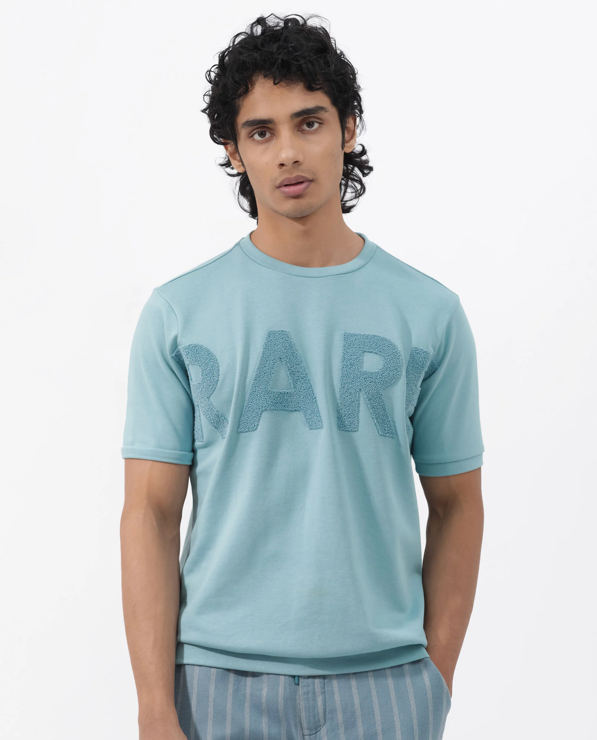 Rare Rabbit Men's Nor2 Dusky Turq Cotton Blend Embroidered Oversized Fit Half Sleeve Crew Neck T-Shirt - Image 5