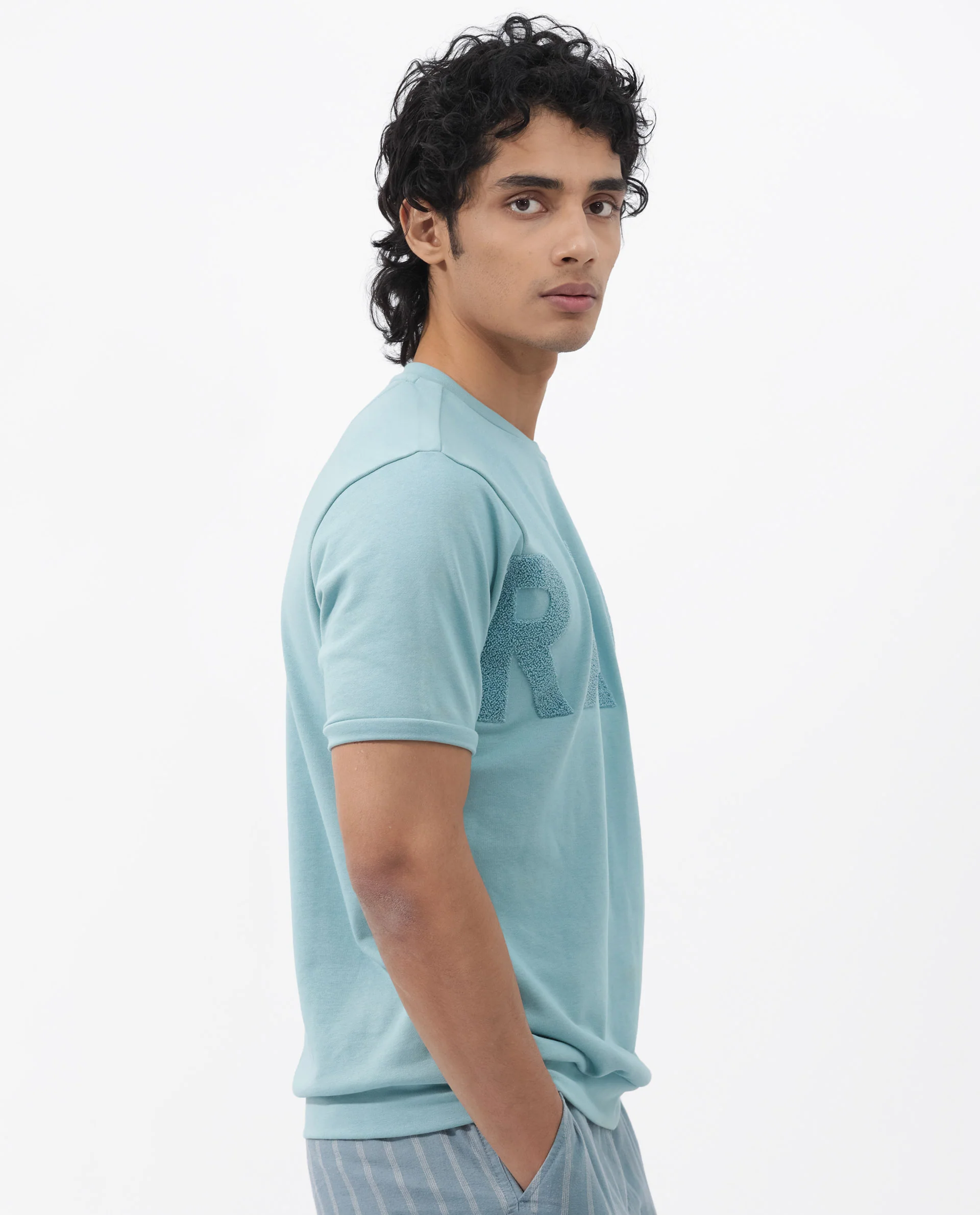 Rare Rabbit Men's Nor2 Dusky Turq Cotton Blend Embroidered Oversized Fit Half Sleeve Crew Neck T-Shirt - Image 6
