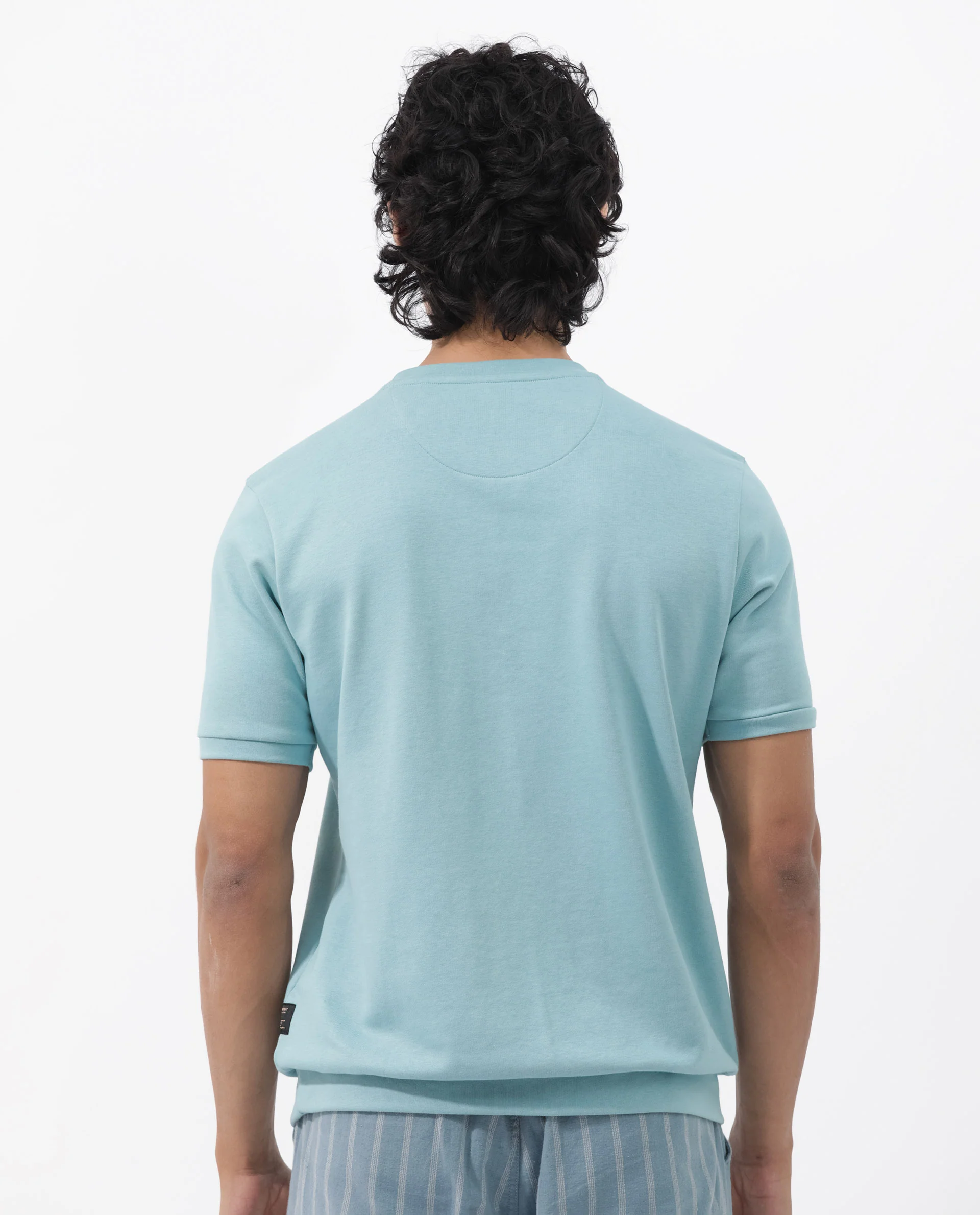 Rare Rabbit Men's Nor2 Dusky Turq Cotton Blend Embroidered Oversized Fit Half Sleeve Crew Neck T-Shirt - Image 7