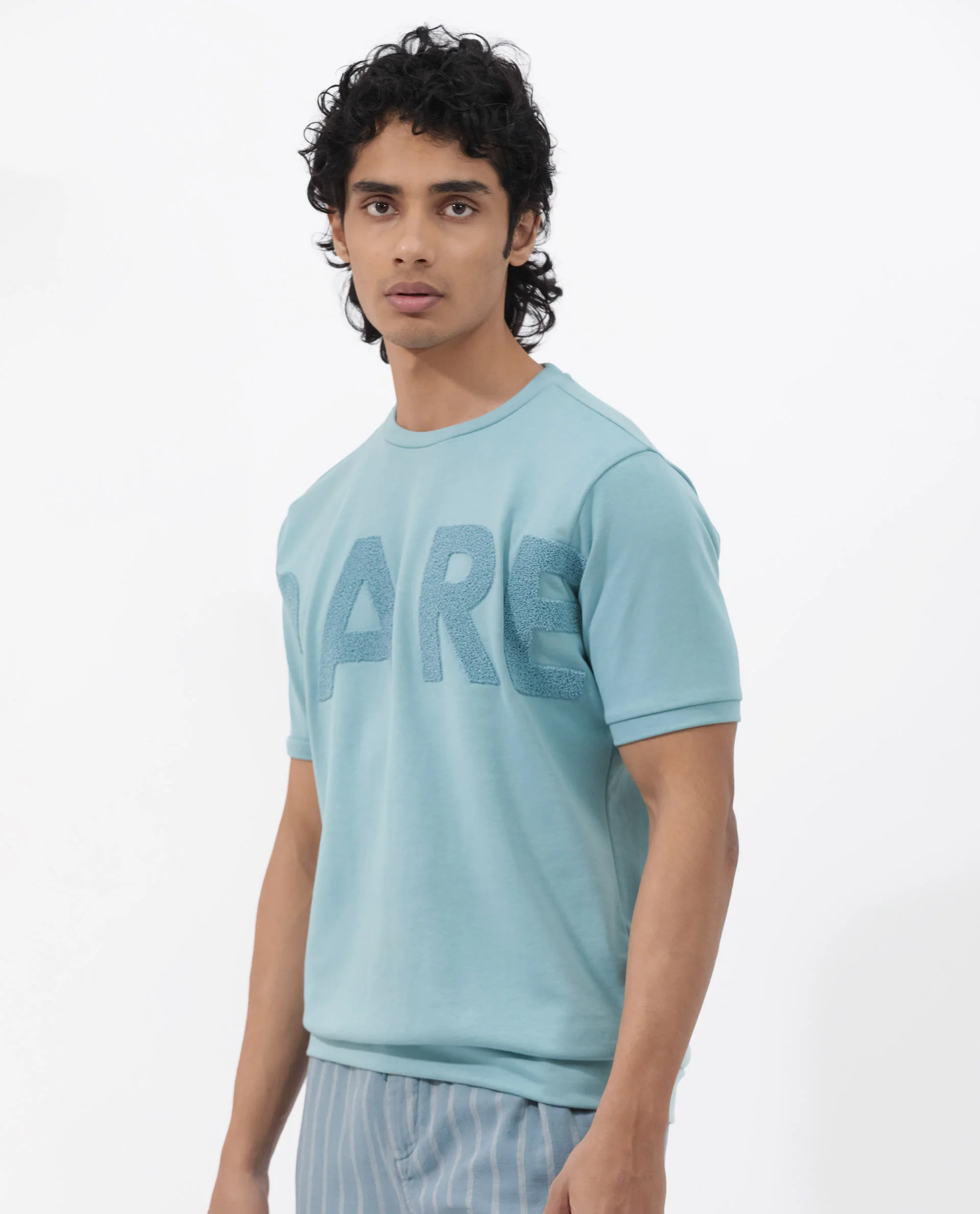 Rare Rabbit Men's Nor2 Dusky Turq Cotton Blend Embroidered Oversized Fit Half Sleeve Crew Neck T-Shirt - Image 8