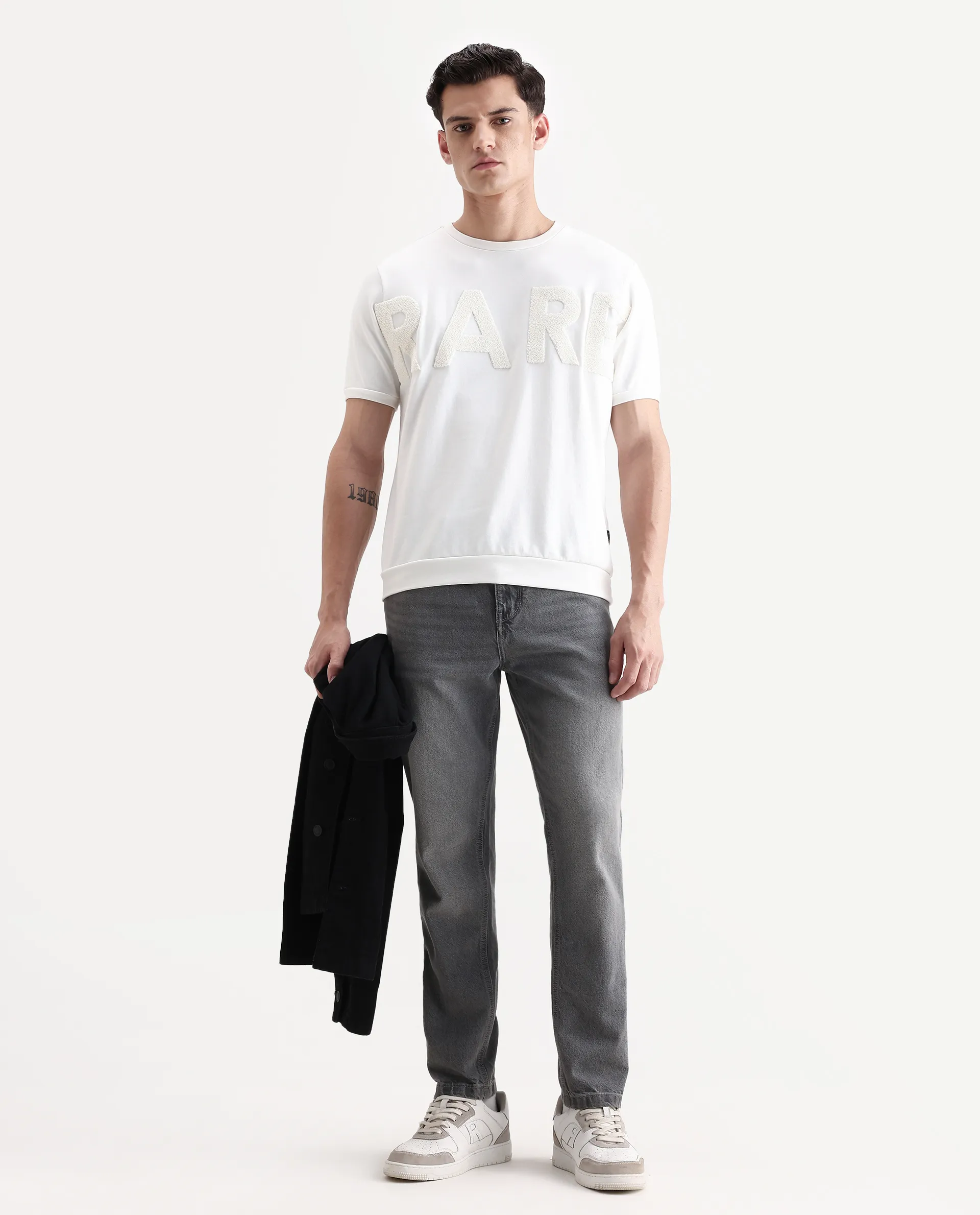 Rare Rabbit Men's Nor2 Off White Cotton Blend Embroidered Oversized Fit Half Sleeve Crew Neck T-Shirt - Image 2