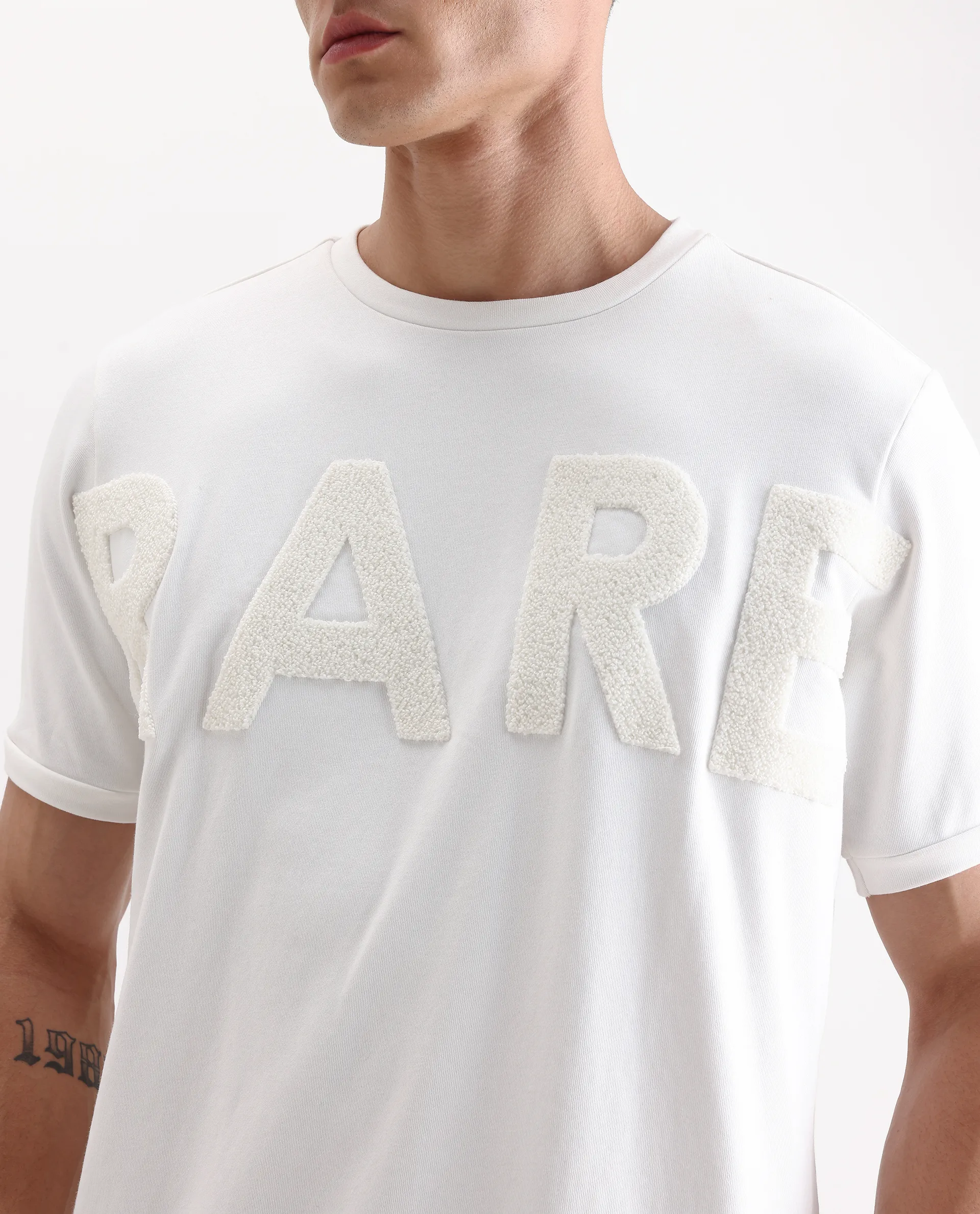 Rare Rabbit Men's Nor2 Off White Cotton Blend Embroidered Oversized Fit Half Sleeve Crew Neck T-Shirt - Image 3
