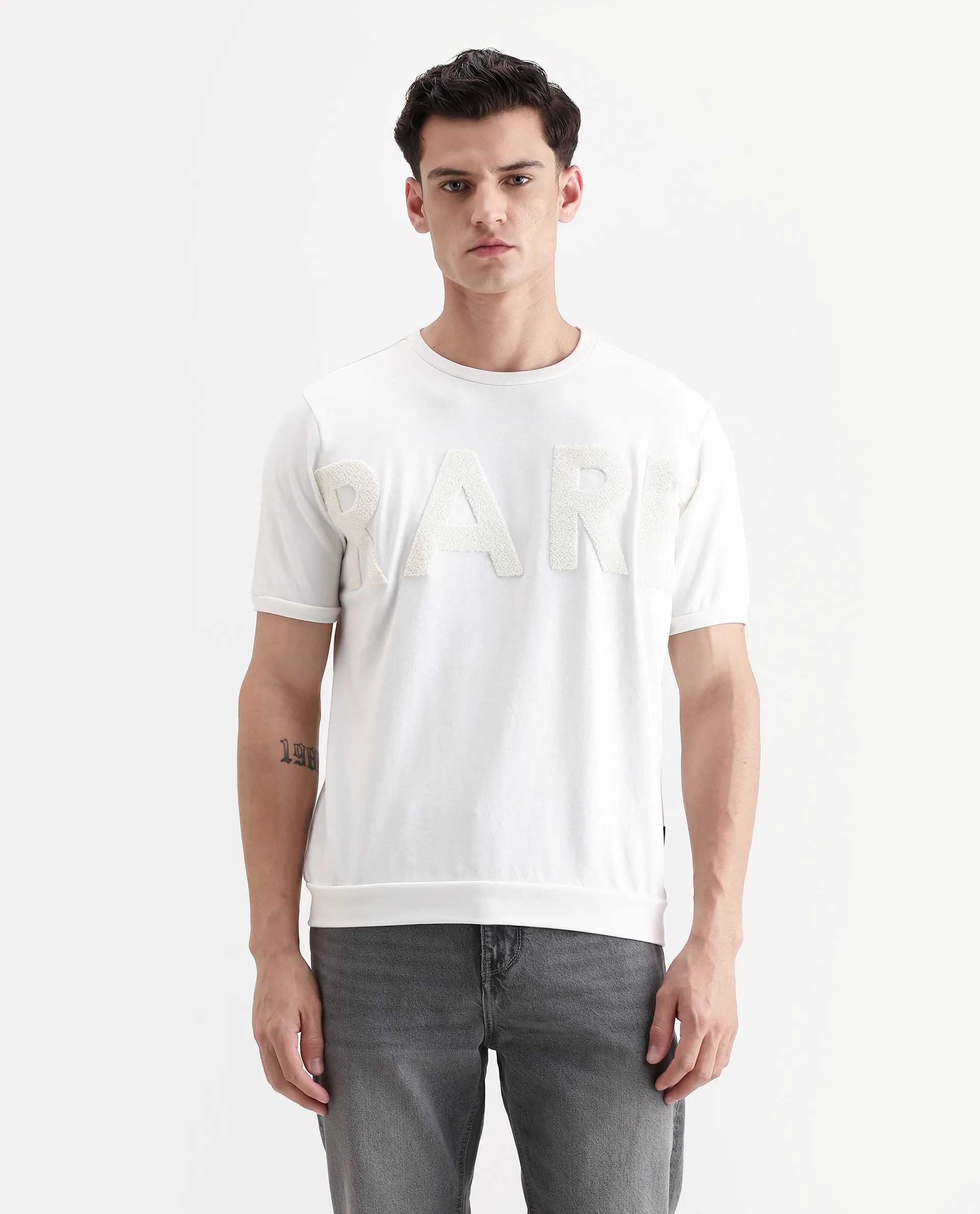 Rare Rabbit Men's Nor2 Off White Cotton Blend Embroidered Oversized Fit Half Sleeve Crew Neck T-Shirt - Image 4