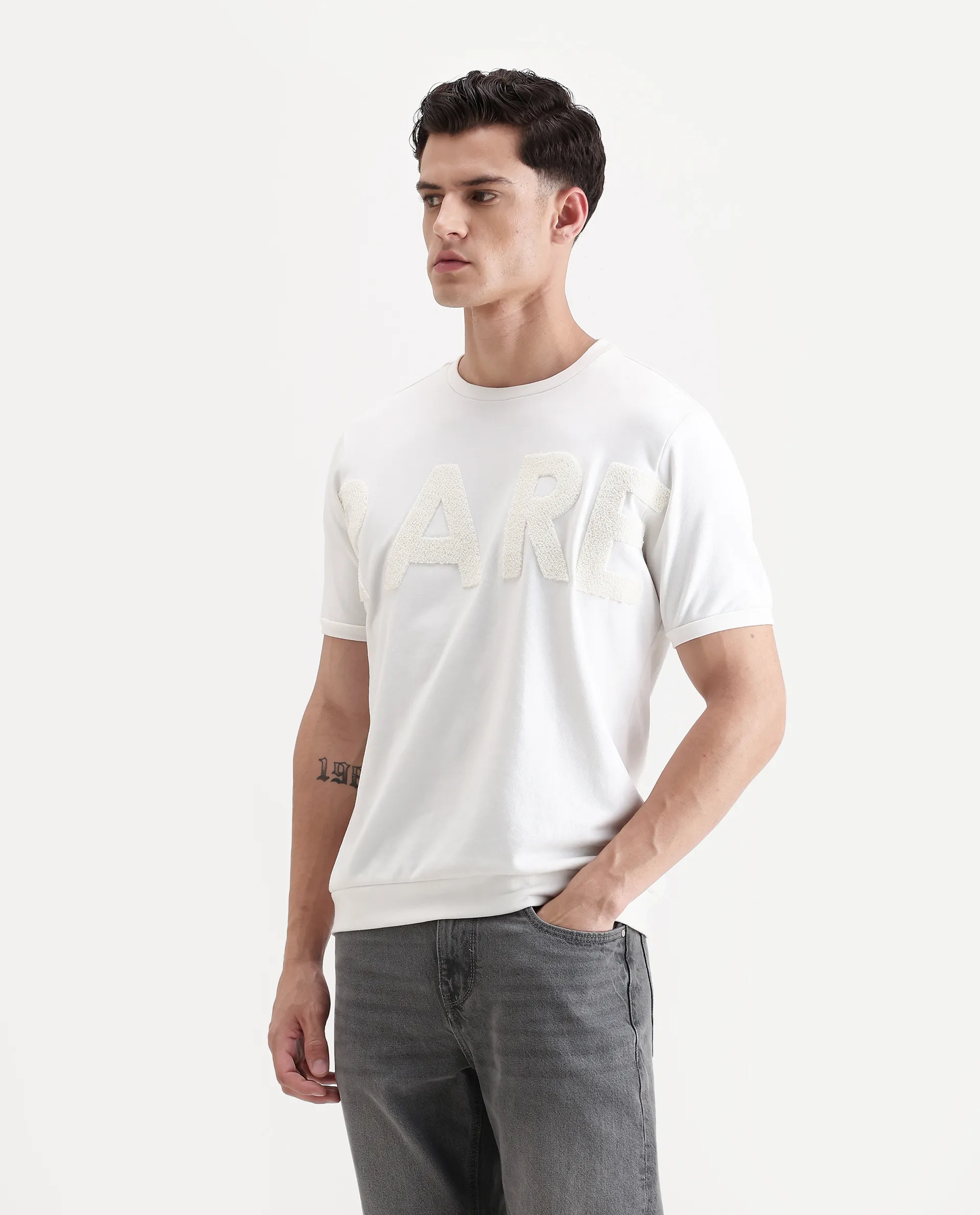 Rare Rabbit Men's Nor2 Off White Cotton Blend Embroidered Oversized Fit Half Sleeve Crew Neck T-Shirt - Image 5