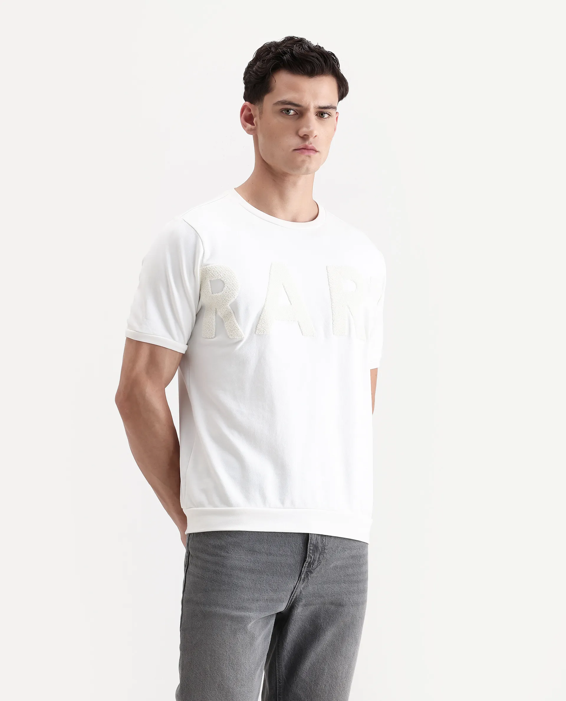 Rare Rabbit Men's Nor2 Off White Cotton Blend Embroidered Oversized Fit Half Sleeve Crew Neck T-Shirt - Image 6