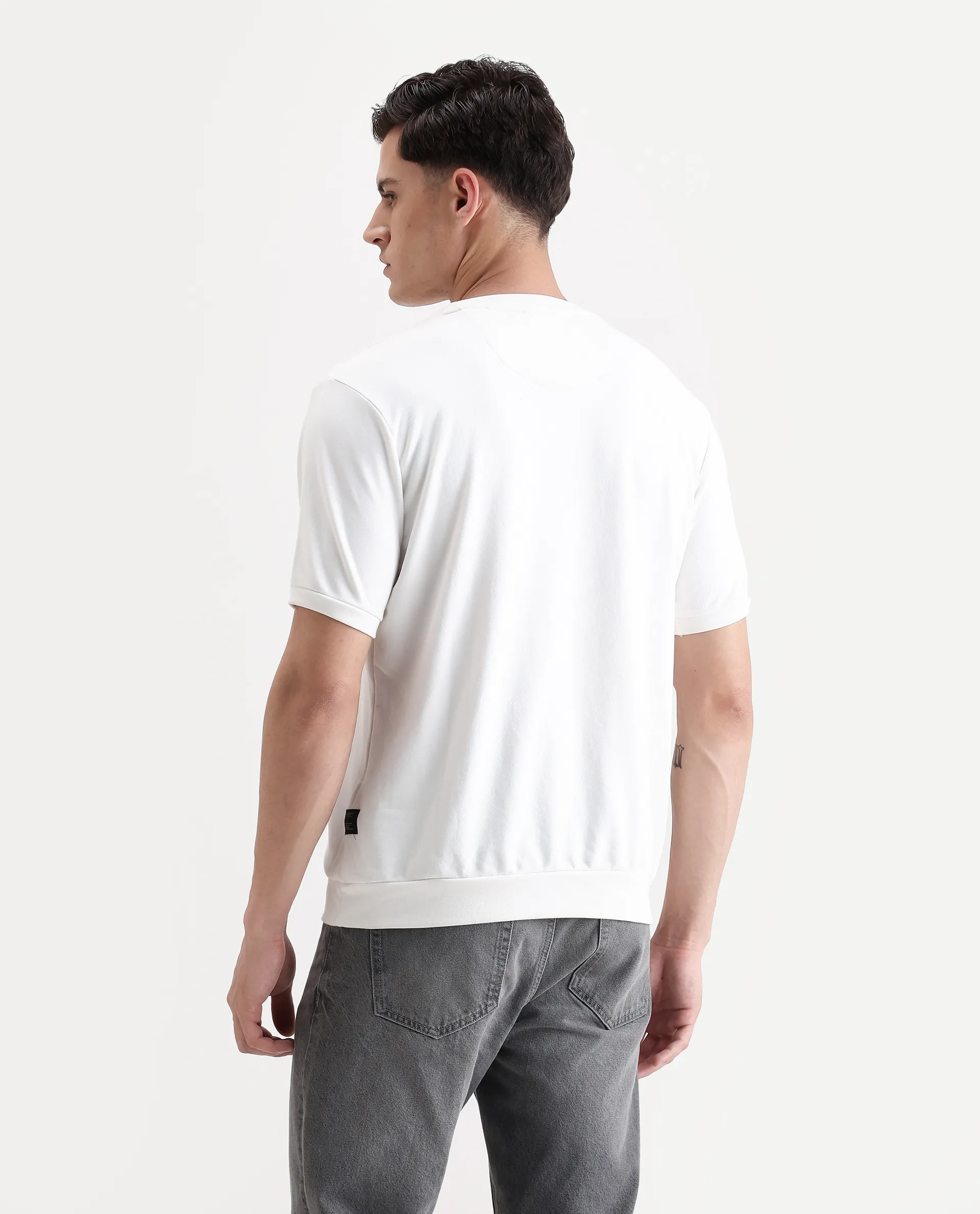 Rare Rabbit Men's Nor2 Off White Cotton Blend Embroidered Oversized Fit Half Sleeve Crew Neck T-Shirt - Image 7