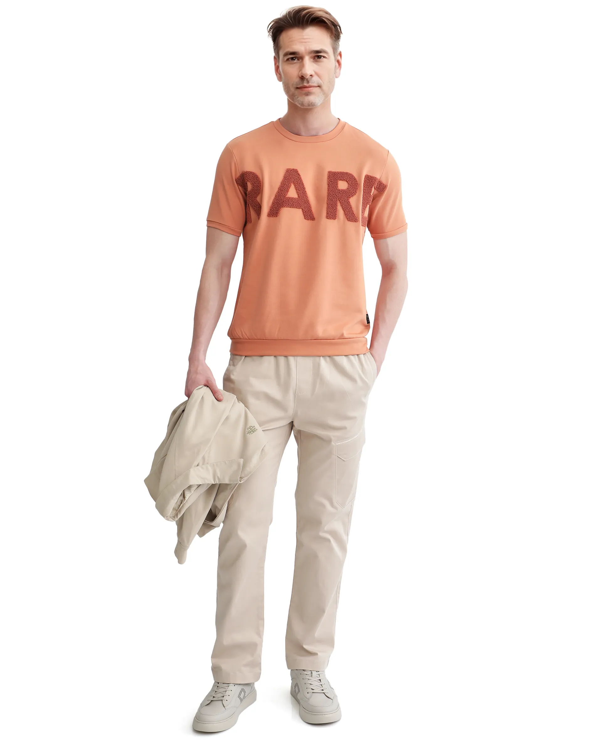 Rare Rabbit Men's Nor-3 Dusky Orange Cotton Blend Embroidered Oversized Fit Half Sleeve Crew Neck T-Shirt - Image 2