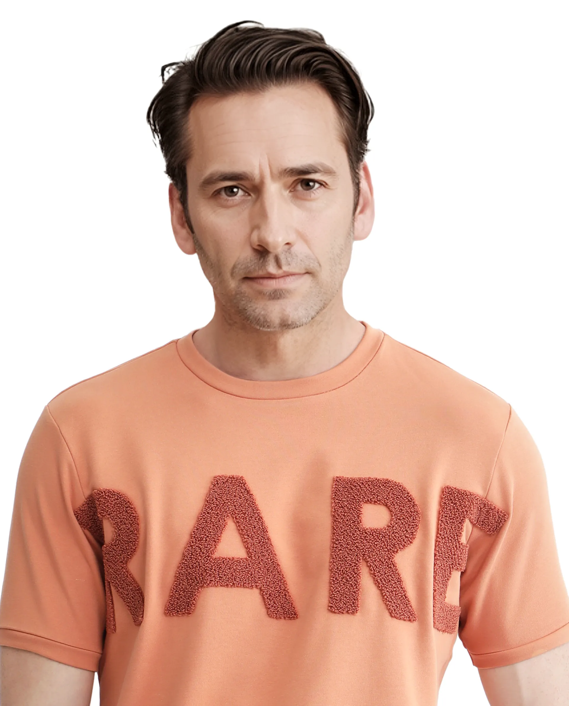 Rare Rabbit Men's Nor-3 Dusky Orange Cotton Blend Embroidered Oversized Fit Half Sleeve Crew Neck T-Shirt - Image 3