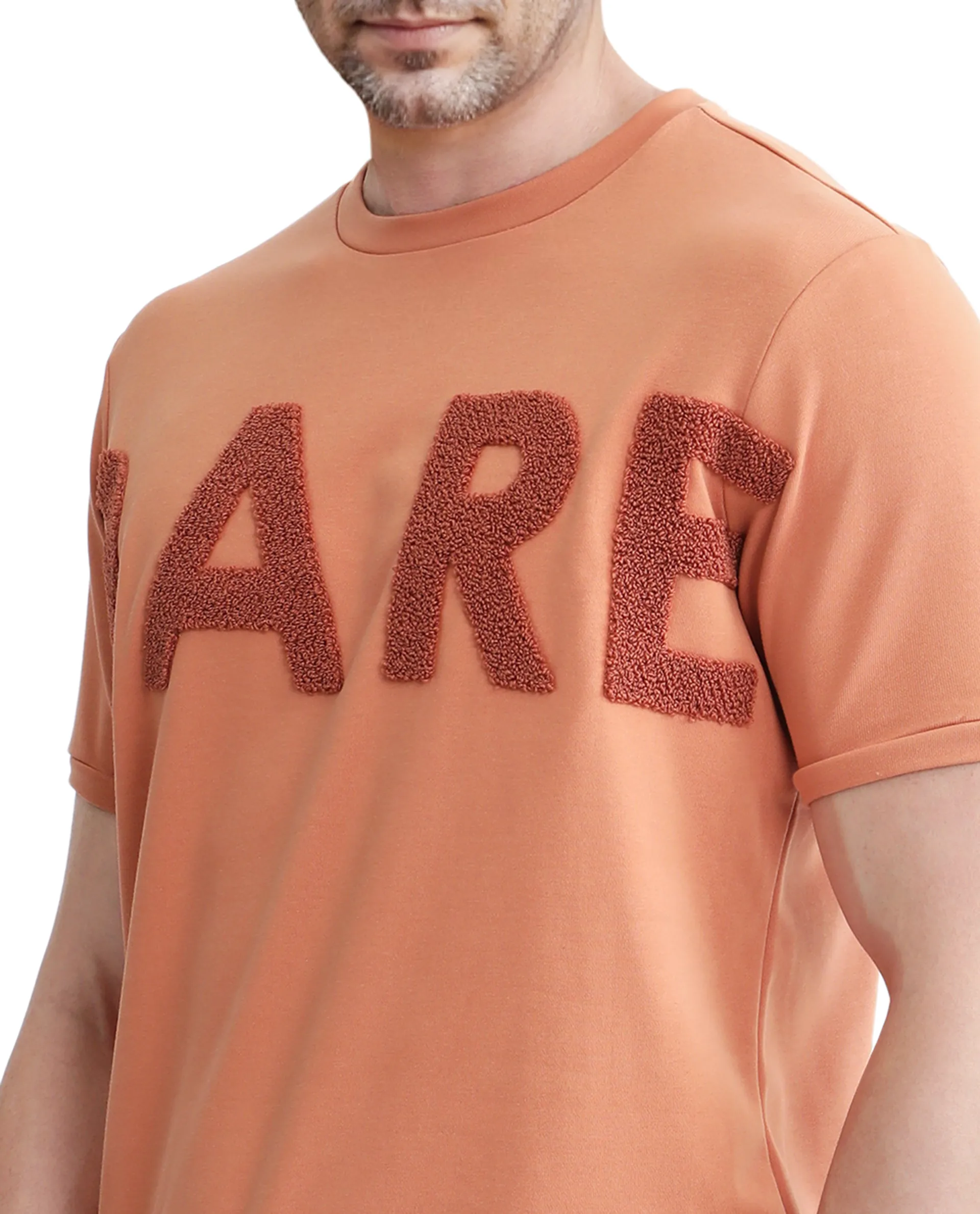 Rare Rabbit Men's Nor-3 Dusky Orange Cotton Blend Embroidered Oversized Fit Half Sleeve Crew Neck T-Shirt - Image 4