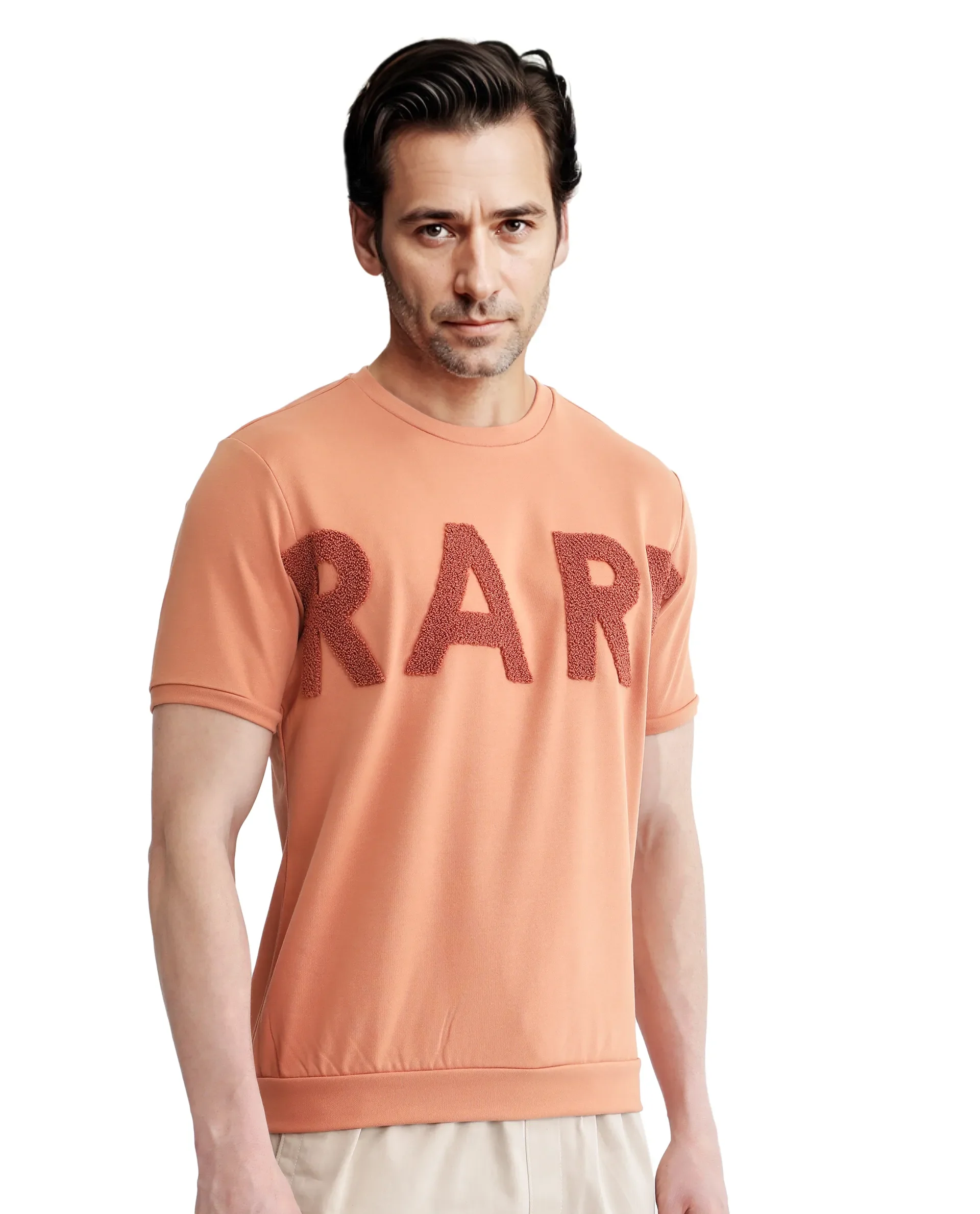 Rare Rabbit Men's Nor-3 Dusky Orange Cotton Blend Embroidered Oversized Fit Half Sleeve Crew Neck T-Shirt - Image 5