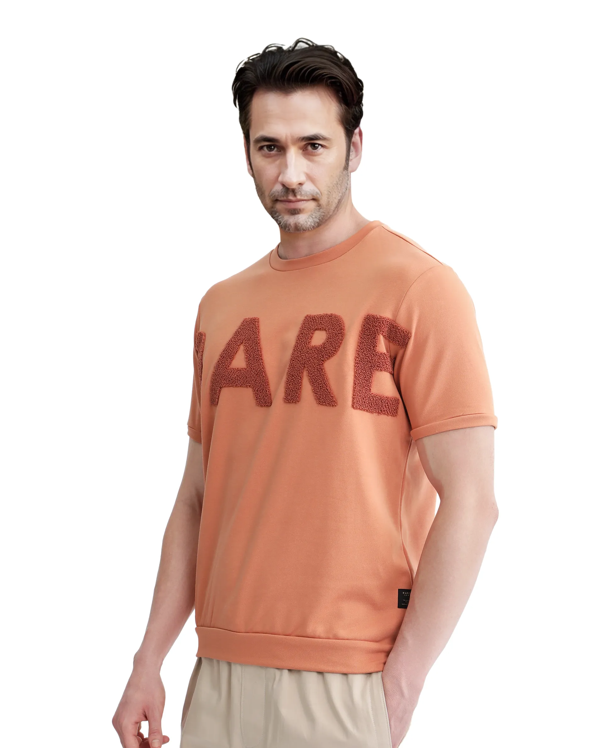 Rare Rabbit Men's Nor-3 Dusky Orange Cotton Blend Embroidered Oversized Fit Half Sleeve Crew Neck T-Shirt - Image 6