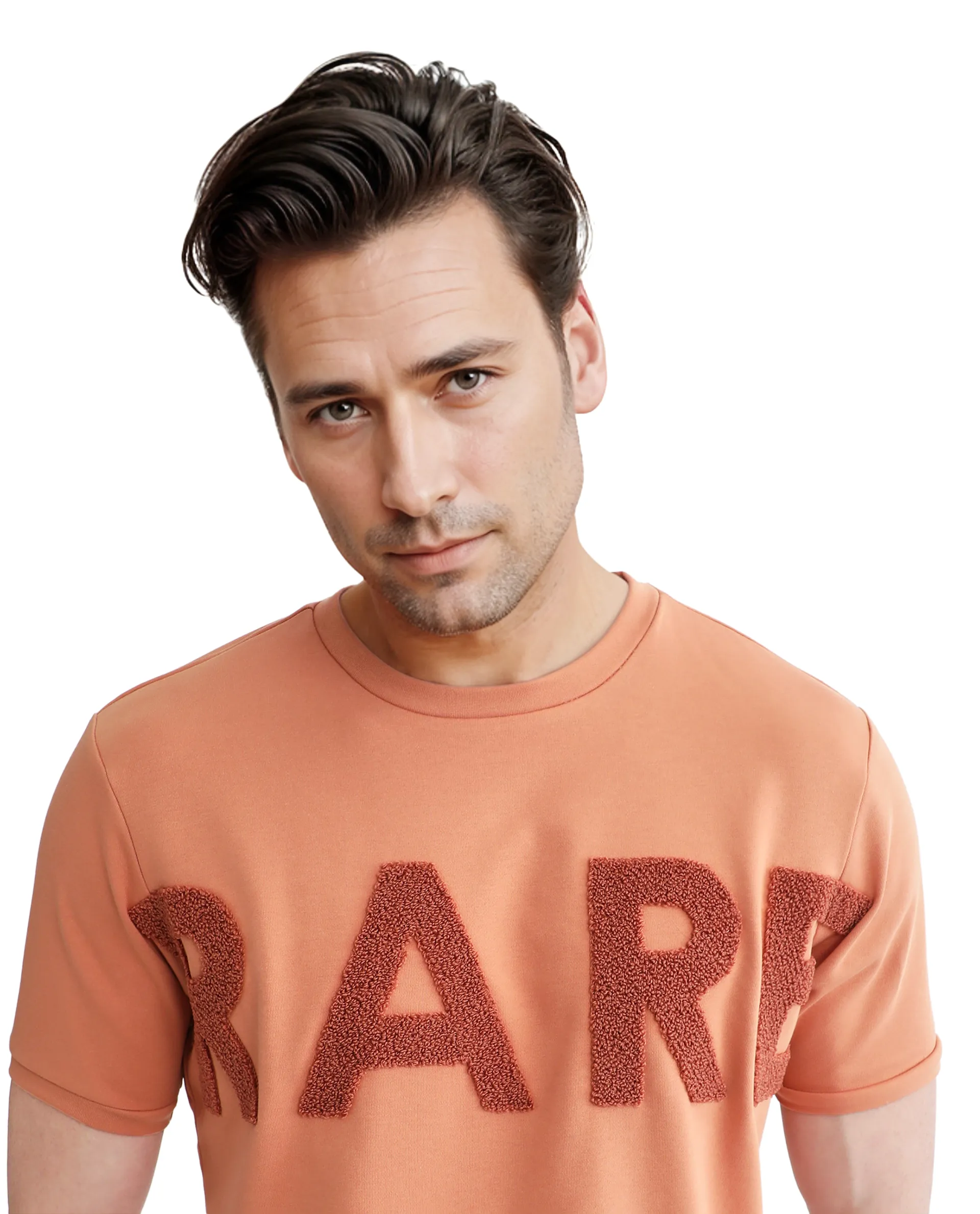 Rare Rabbit Men's Nor-3 Dusky Orange Cotton Blend Embroidered Oversized Fit Half Sleeve Crew Neck T-Shirt - Image 7