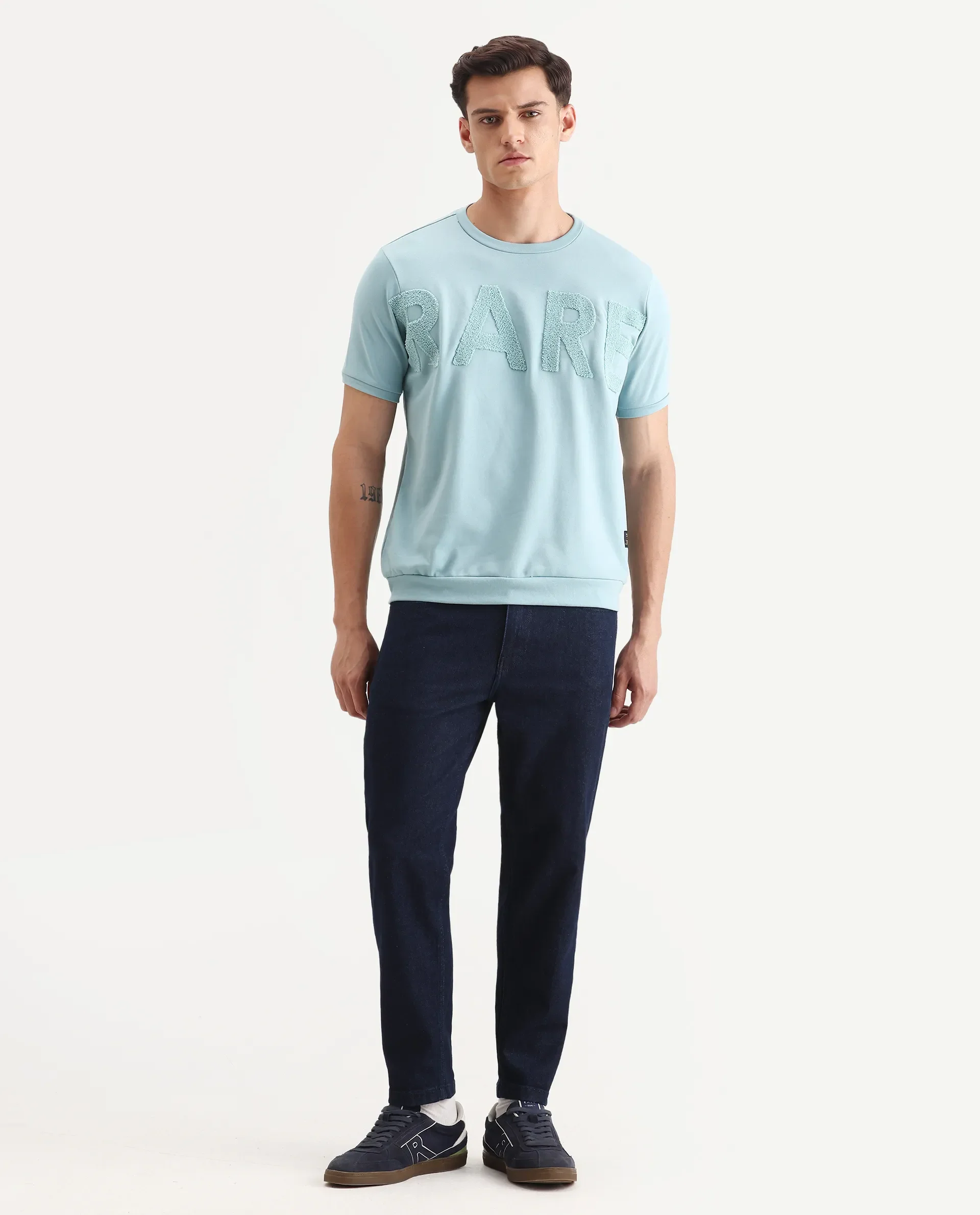 Rare Rabbit Men's Nor-3 Dusky Turq Cotton Blend Embroidered Oversized Fit Half Sleeve Crew Neck T-Shirt - Image 2