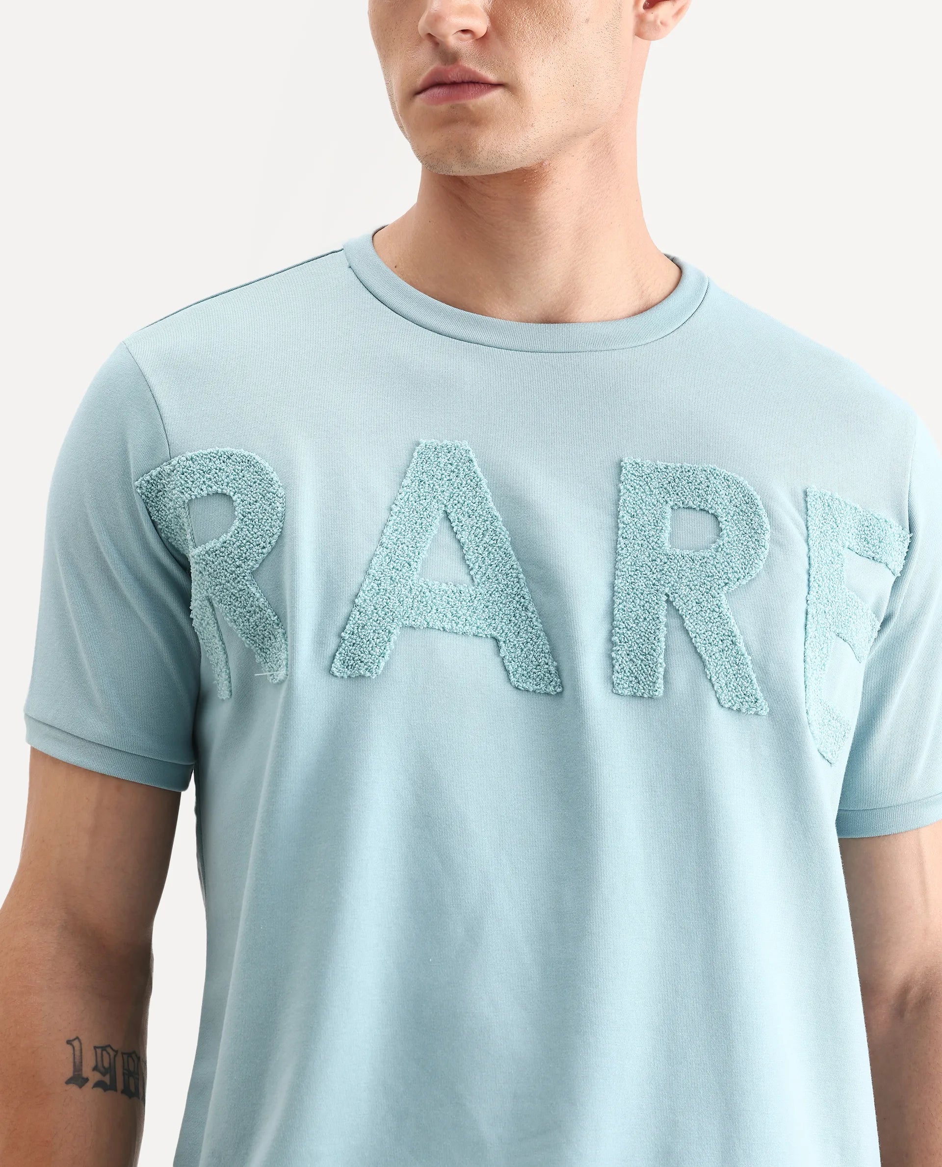 Rare Rabbit Men's Nor-3 Dusky Turq Cotton Blend Embroidered Oversized Fit Half Sleeve Crew Neck T-Shirt - Image 3