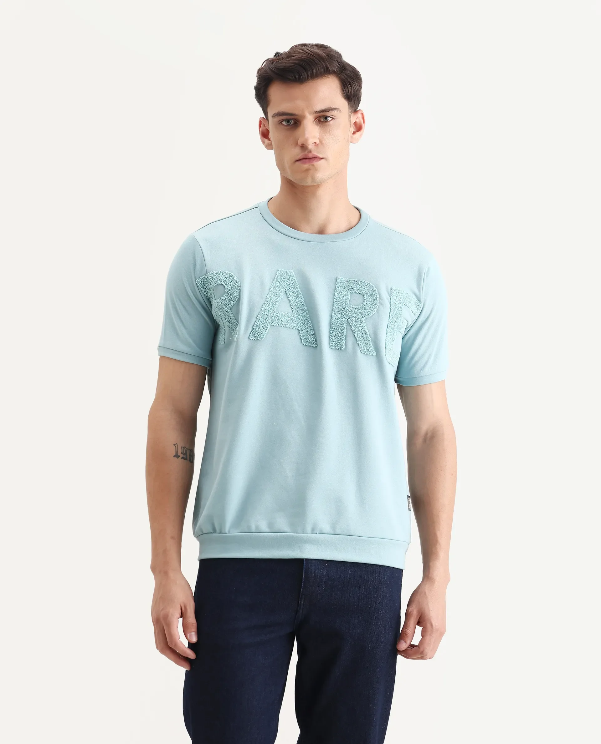 Rare Rabbit Men's Nor-3 Dusky Turq Cotton Blend Embroidered Oversized Fit Half Sleeve Crew Neck T-Shirt - Image 4
