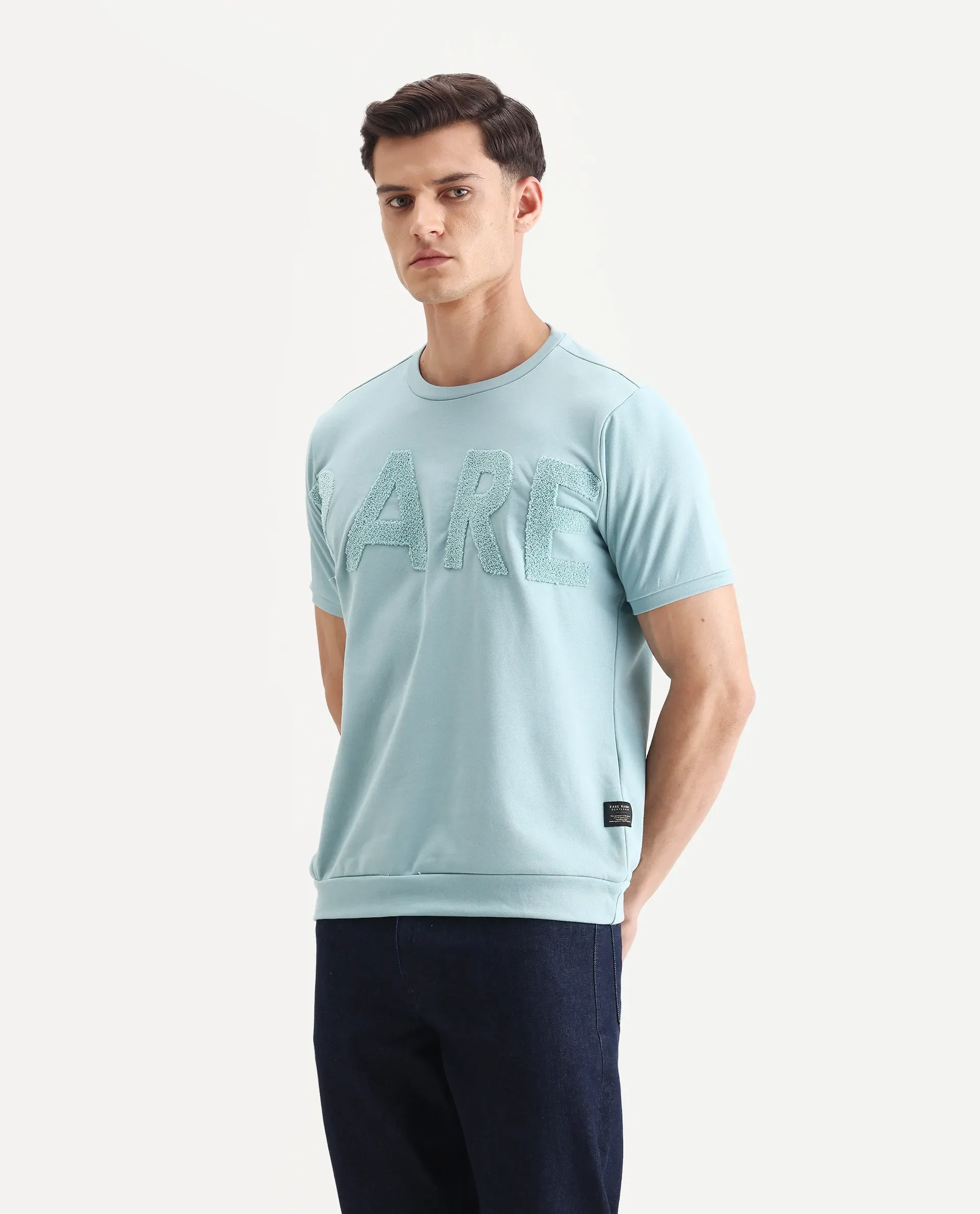 Rare Rabbit Men's Nor-3 Dusky Turq Cotton Blend Embroidered Oversized Fit Half Sleeve Crew Neck T-Shirt - Image 5