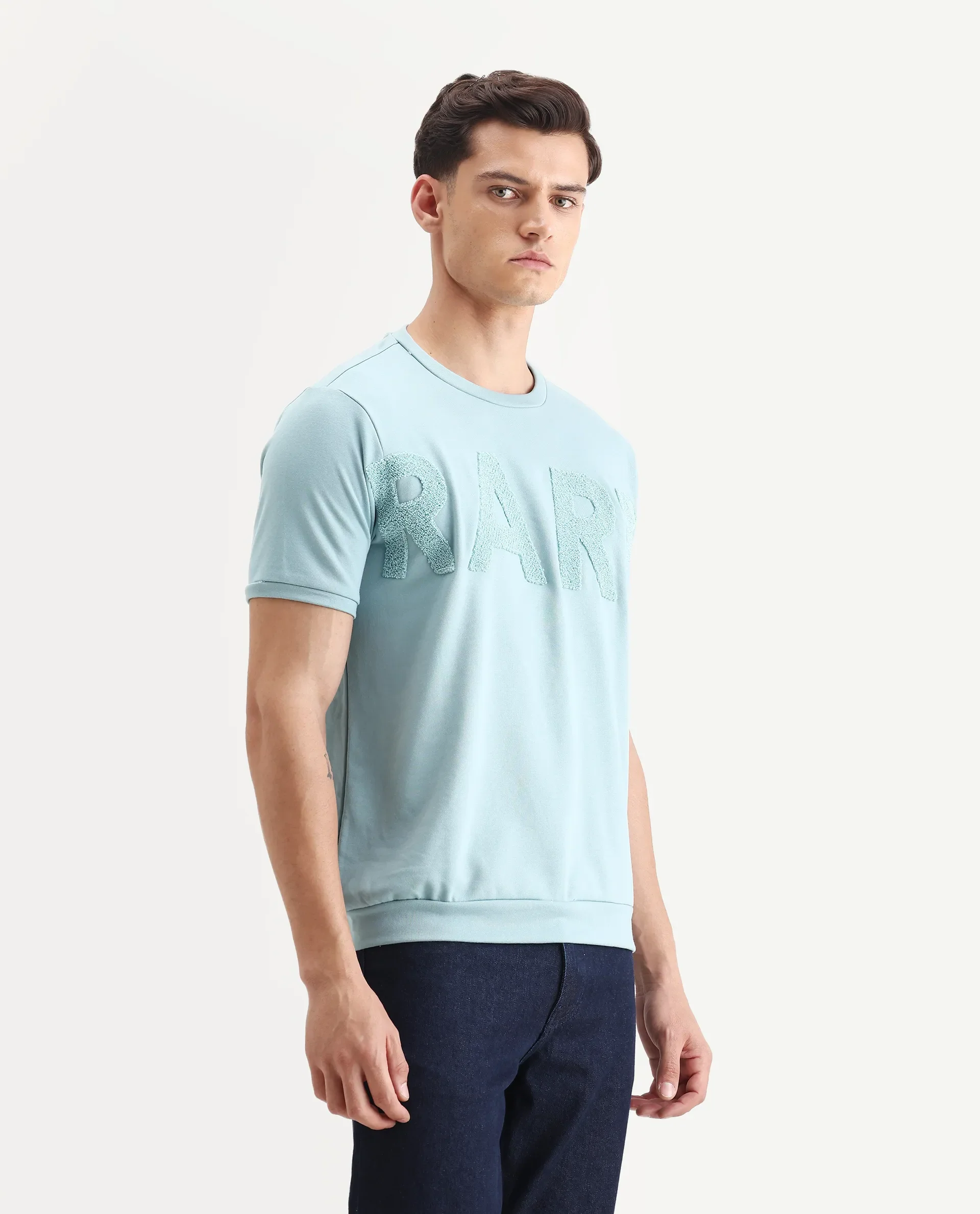 Rare Rabbit Men's Nor-3 Dusky Turq Cotton Blend Embroidered Oversized Fit Half Sleeve Crew Neck T-Shirt - Image 6