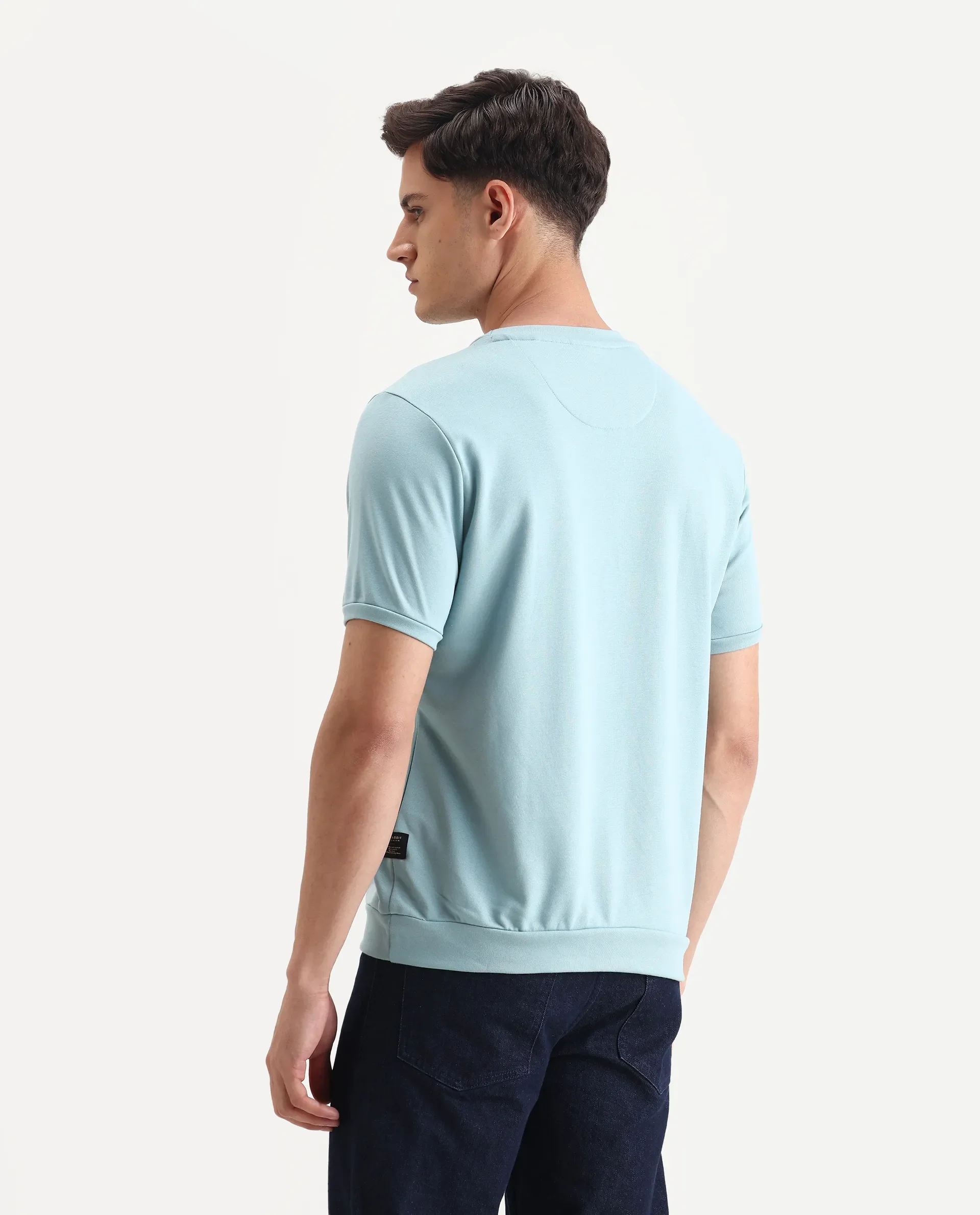 Rare Rabbit Men's Nor-3 Dusky Turq Cotton Blend Embroidered Oversized Fit Half Sleeve Crew Neck T-Shirt - Image 7