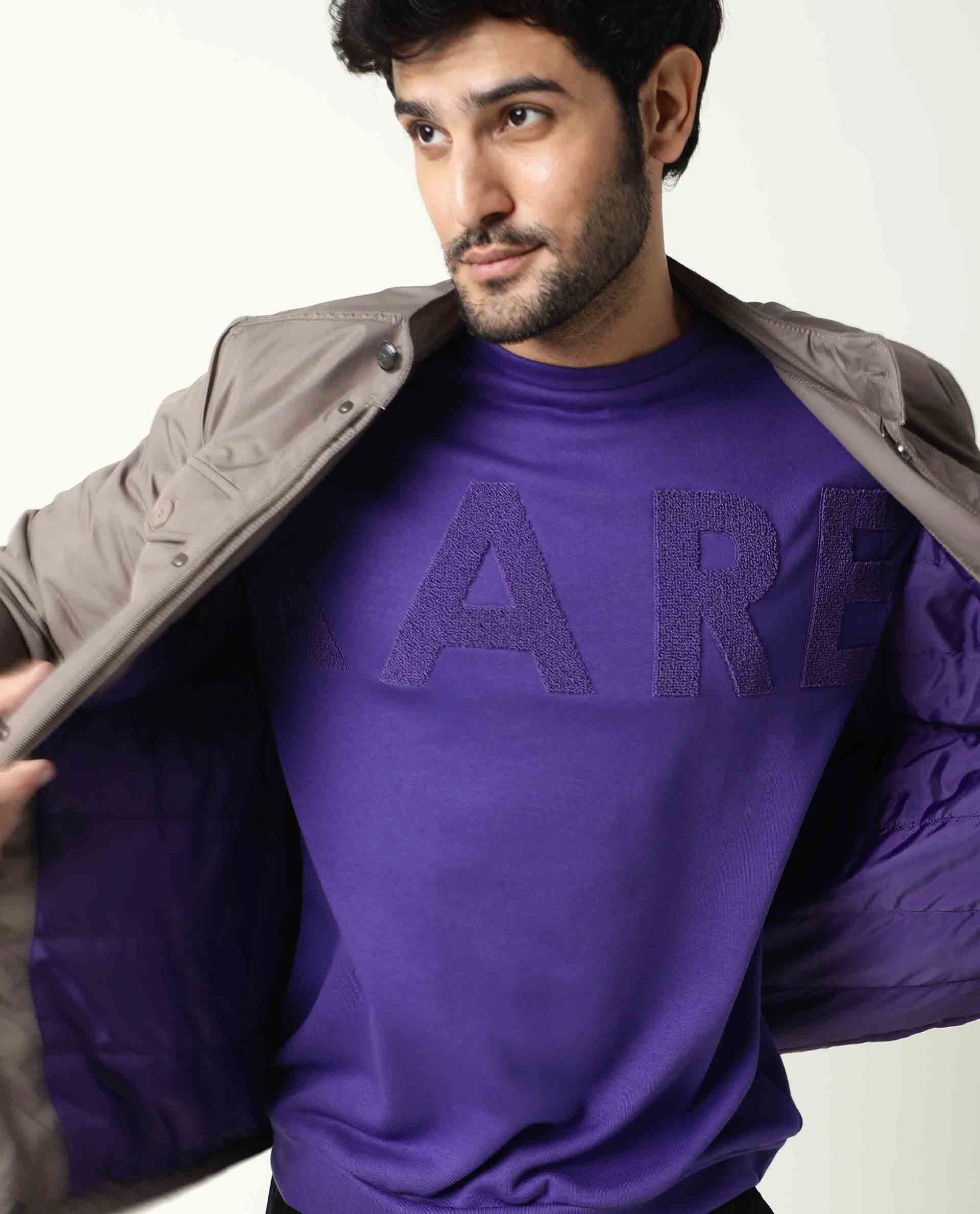 Rare Rabbit Men's Nor Purple Cotton Plain Slim Fit Half Sleeve Crew Neck Sweatshirt - Image 2