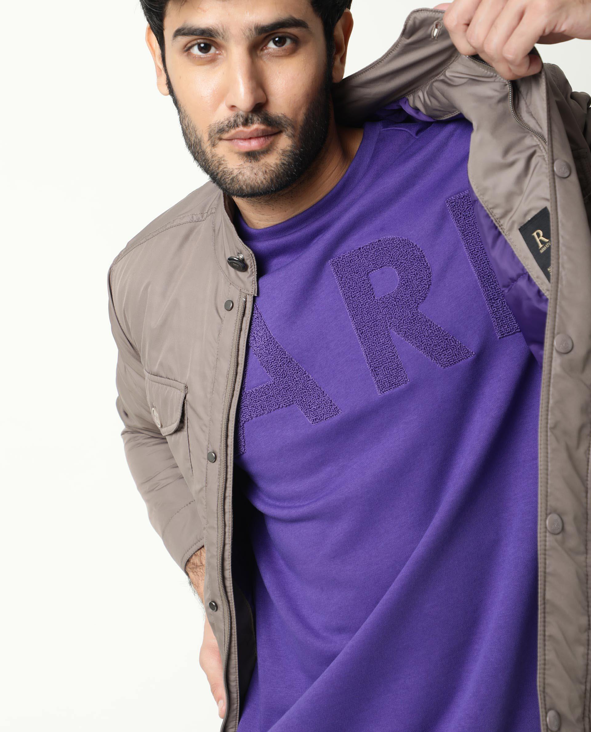 Rare Rabbit Men's Nor Purple Cotton Plain Slim Fit Half Sleeve Crew Neck Sweatshirt - Image 3