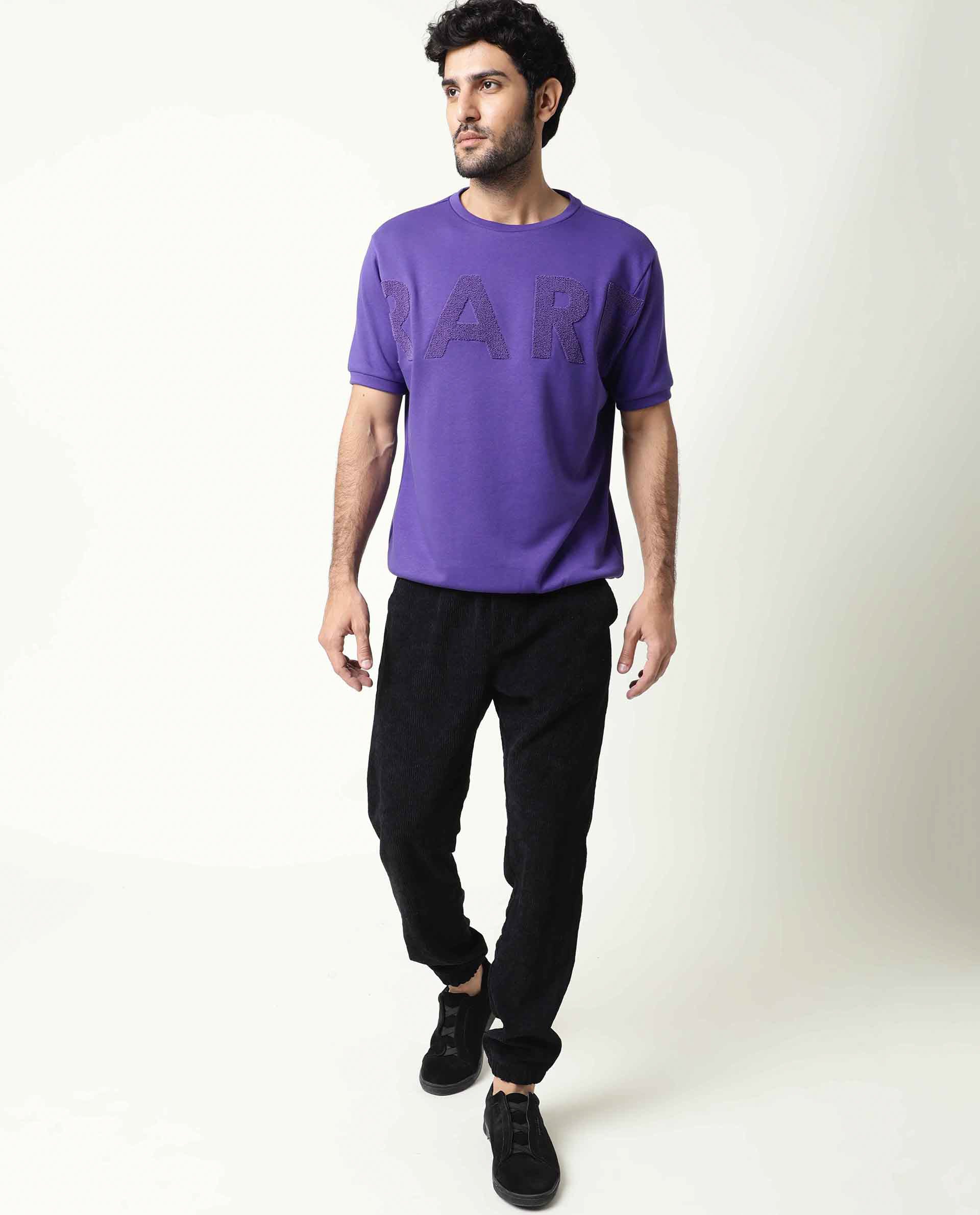Rare Rabbit Men's Nor Purple Cotton Plain Slim Fit Half Sleeve Crew Neck Sweatshirt - Image 4