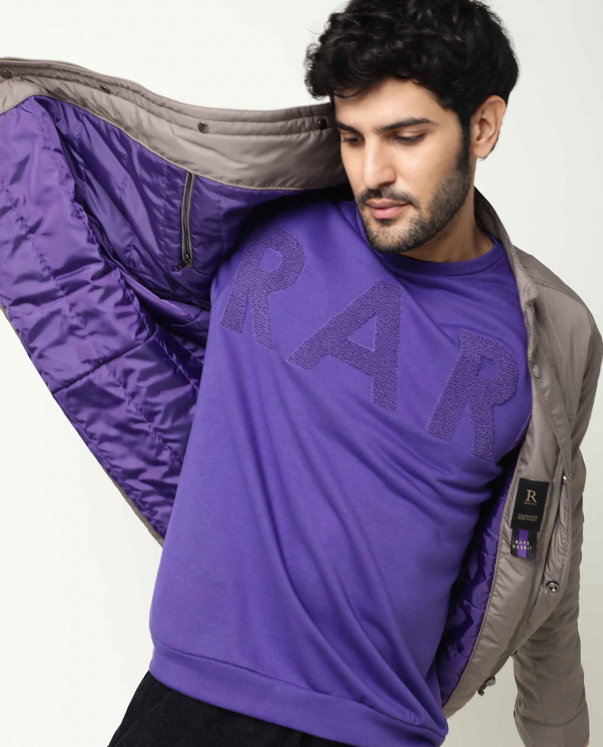 Rare Rabbit Men's Nor Purple Cotton Plain Slim Fit Half Sleeve Crew Neck Sweatshirt - Image 6