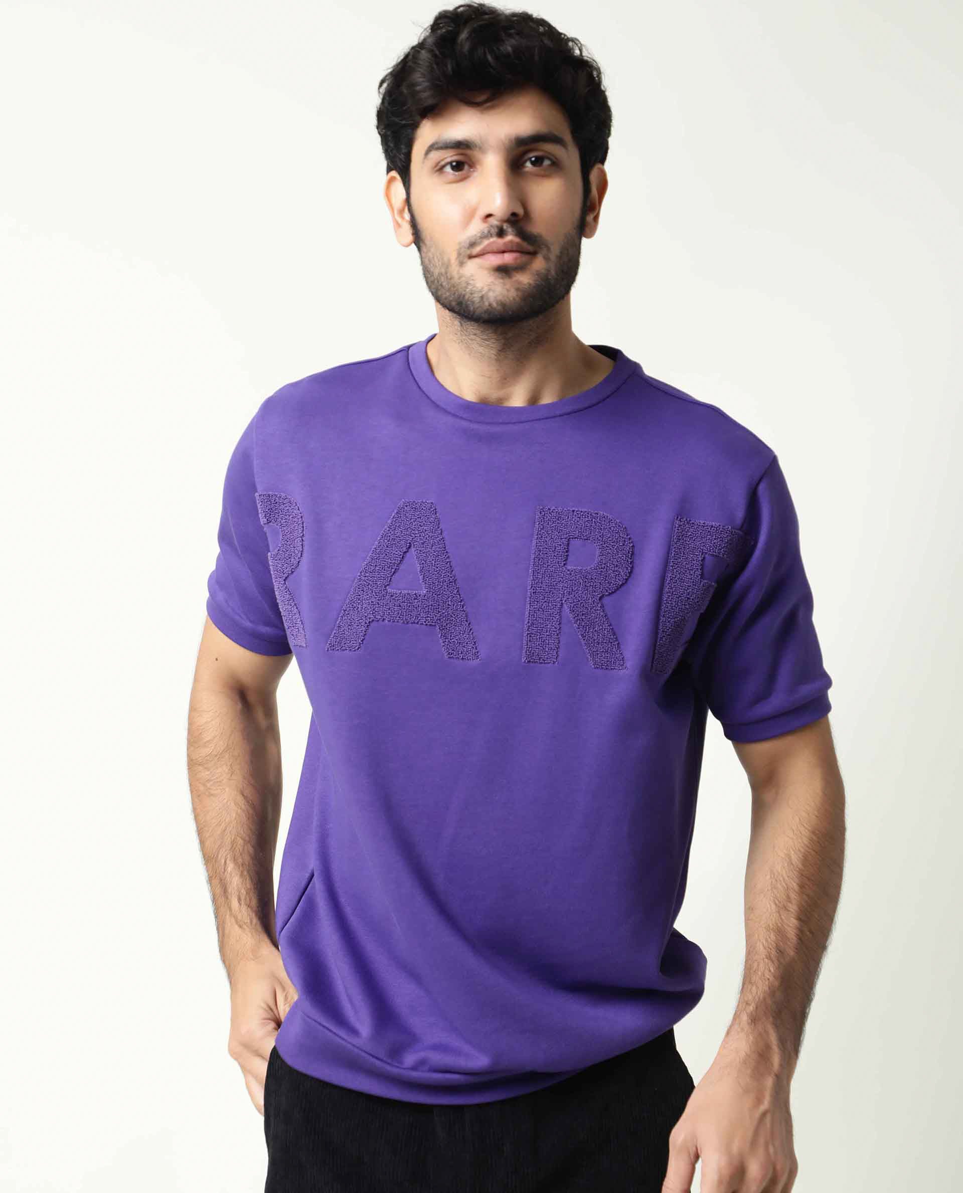 Rare Rabbit Men's Nor Purple Cotton Plain Slim Fit Half Sleeve Crew Neck Sweatshirt - Image 7