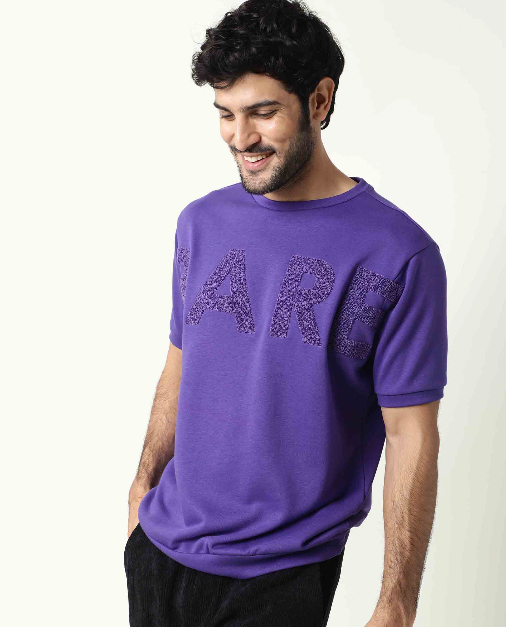 Rare Rabbit Men's Nor Purple Cotton Plain Slim Fit Half Sleeve Crew Neck Sweatshirt - Image 8
