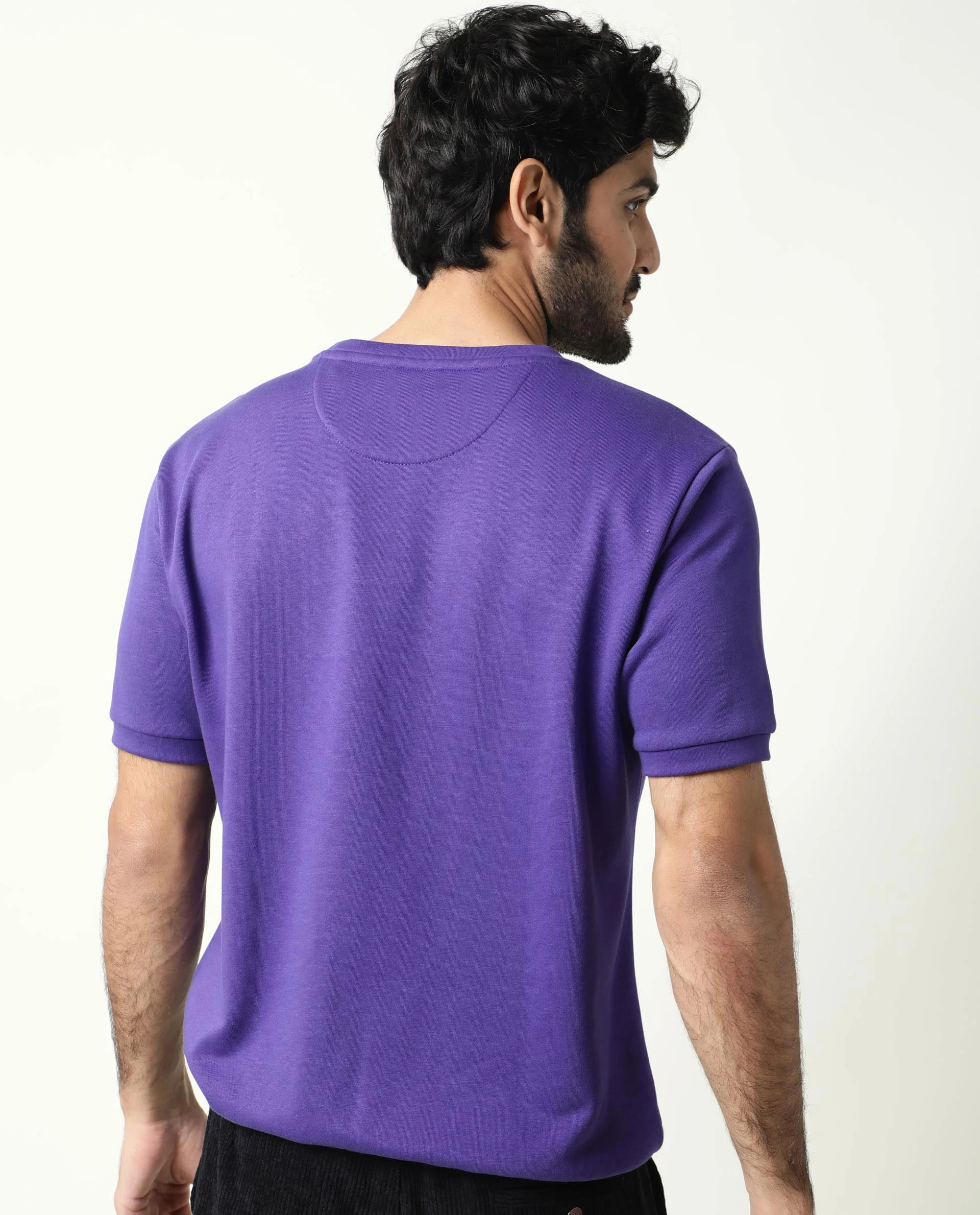 Rare Rabbit Men's Nor Purple Cotton Plain Slim Fit Half Sleeve Crew Neck Sweatshirt - Image 9