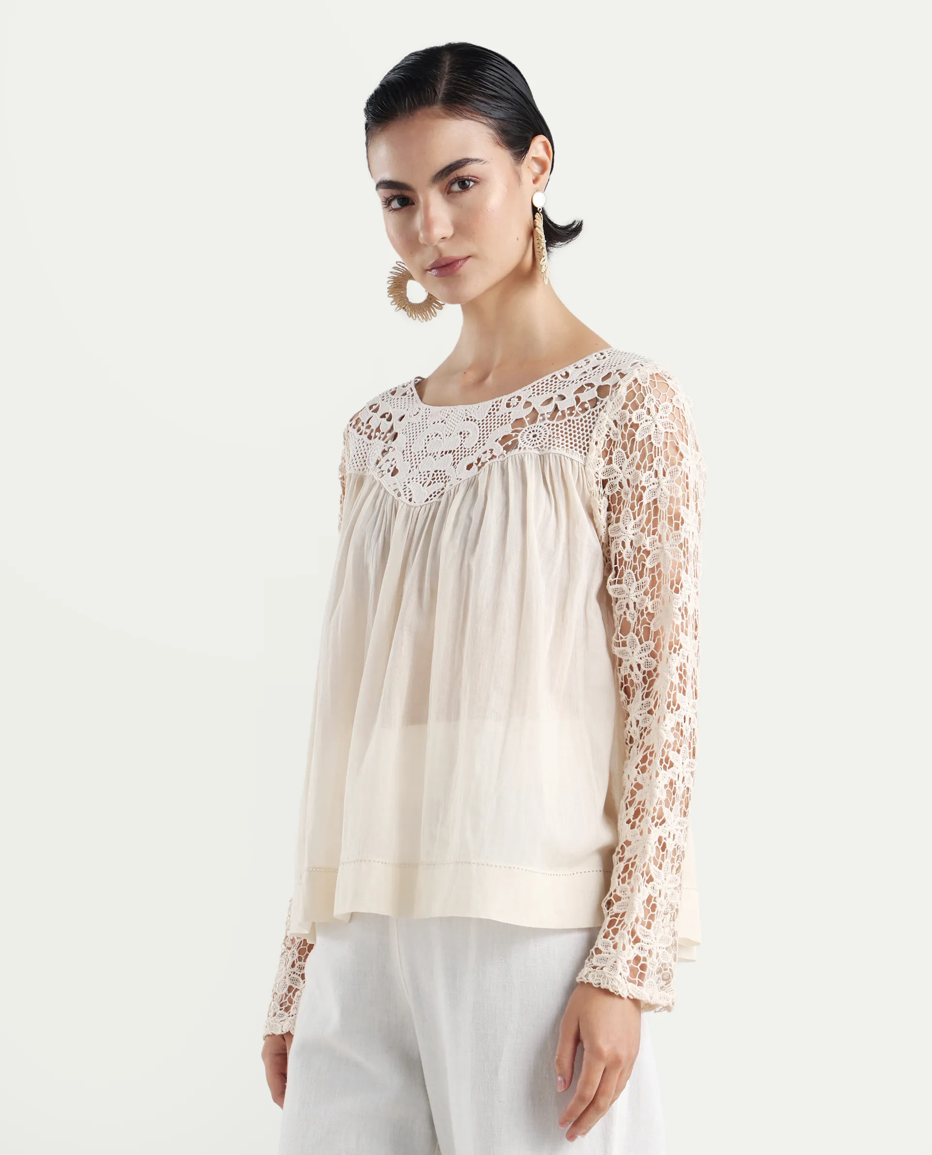 Rareism Women's Nora Light White Crew Neck Plain Raglan Sleeve Relaxed Fit Top - Image 5