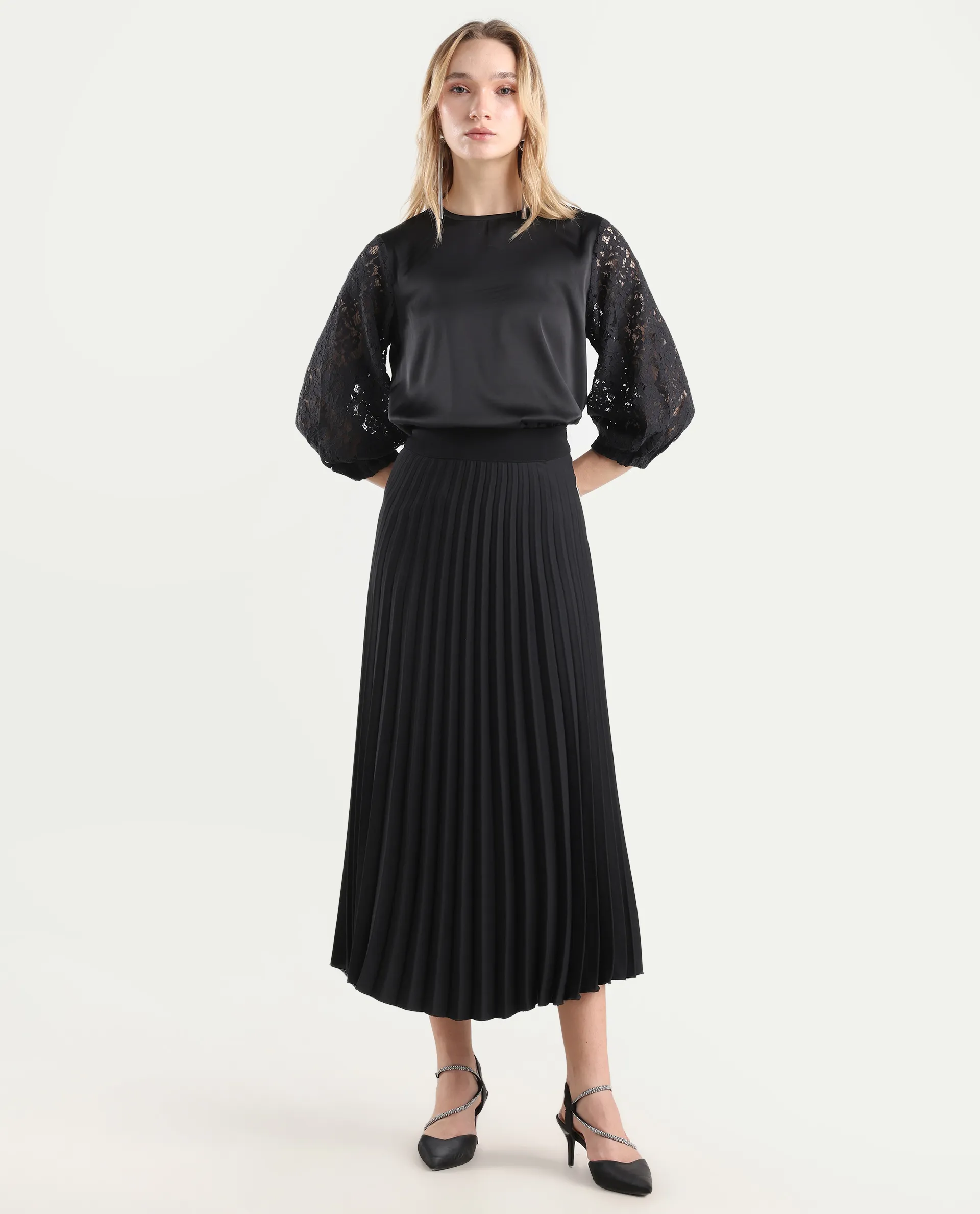 Rareism Women's Norbury Black Polyester High Neck Plain Balloon Sleeve Regular Fit Top - Image 2